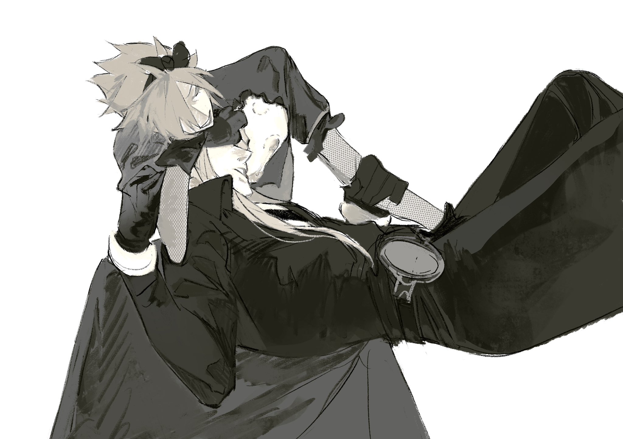 xscr1205, cloud strife, cloud strife (blue dress), sephiroth, final fantasy, final fantasy vii, final fantasy vii remake, highres, 2boys, belt, bite mark, bite mark on chest, bow, bracer, closed eyes, coat, crossdressing, crossdressing (mtf), crotch grab, dress, fishnets, gloves, grabbing another's arm, hair bow, hand on another's head, hand up, headband, implied handjob, leaning forward, limited palette, long dress, long hair, long sleeves, lying, male focus, multiple belts, multiple boys, nipples, on back, on lap, parted lips, puffy short sleeves, puffy sleeves, short hair, short sleeves, simple background, sitting, spiked hair, torn clothes, white background, yaoi