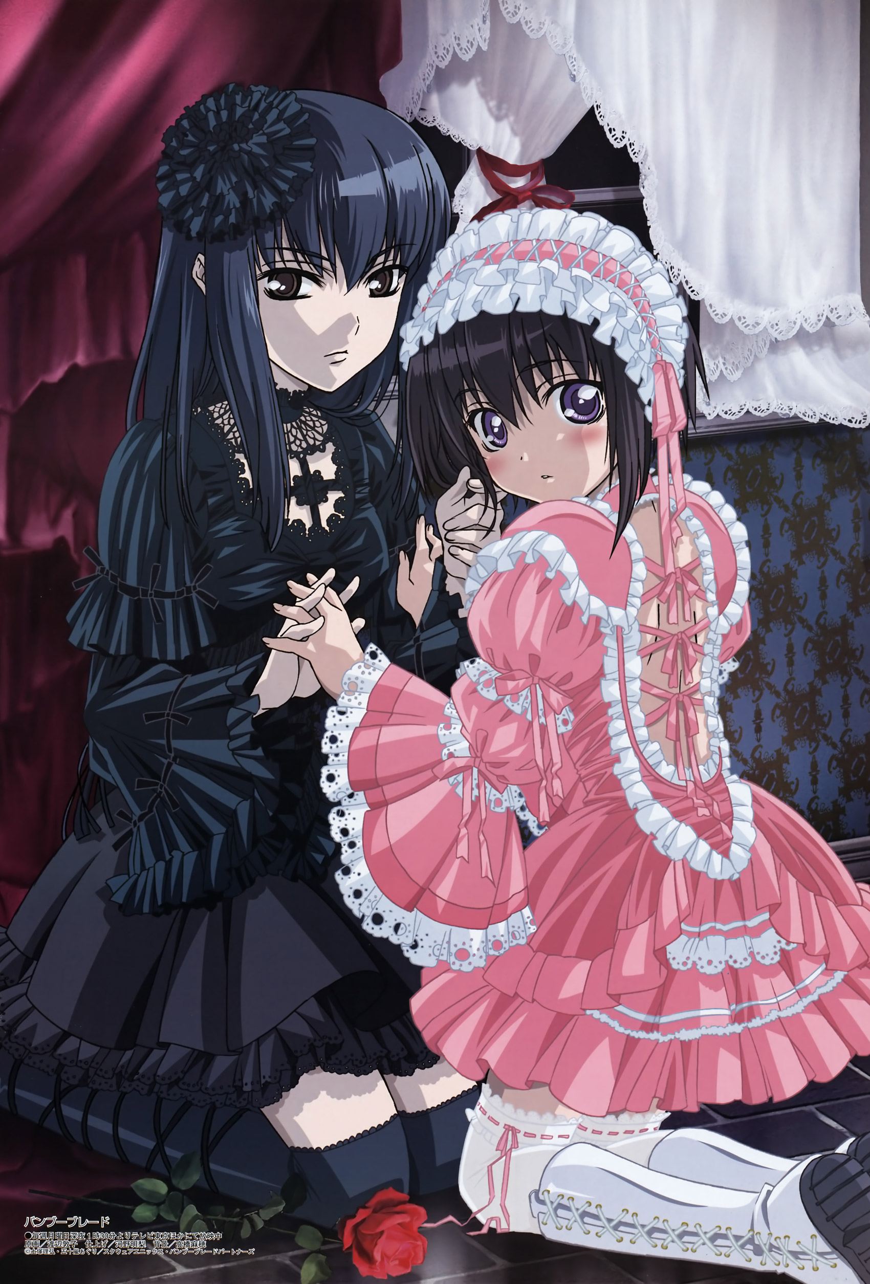 watanabe atsuko, kawazoe tamaki, suzuki rin, bamboo blade, megami magazine, absurdres, highres, 00s, 2girls, black hair, blush, dress, feet out of frame, frills, full body, gothic lolita, holding hands, lolita fashion, long hair, multiple girls, ribbon, shoes, short hair