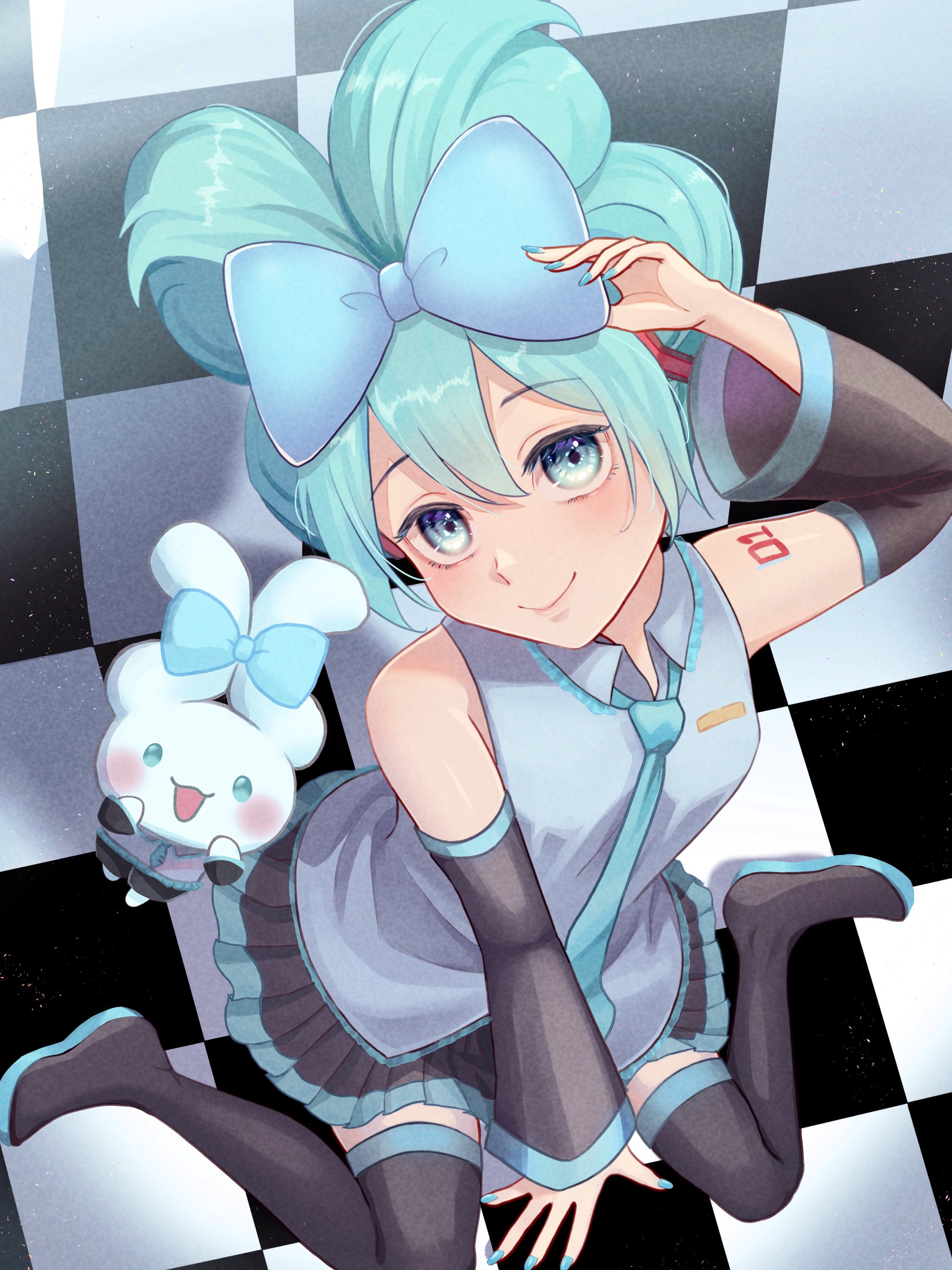 amanegi toro, cinnamiku, cinnamoroll, hatsune miku, fuwa fuwa cinnamoroll, sanrio, vocaloid, absurdres, highres, 1girl, aqua eyes, aqua hair, black sleeves, blue bow, blush, bow, detached sleeves, grey shirt, hair between eyes, hair bow, looking at viewer, necktie, shirt, sleeveless, sleeveless shirt, smile, tied ears, updo