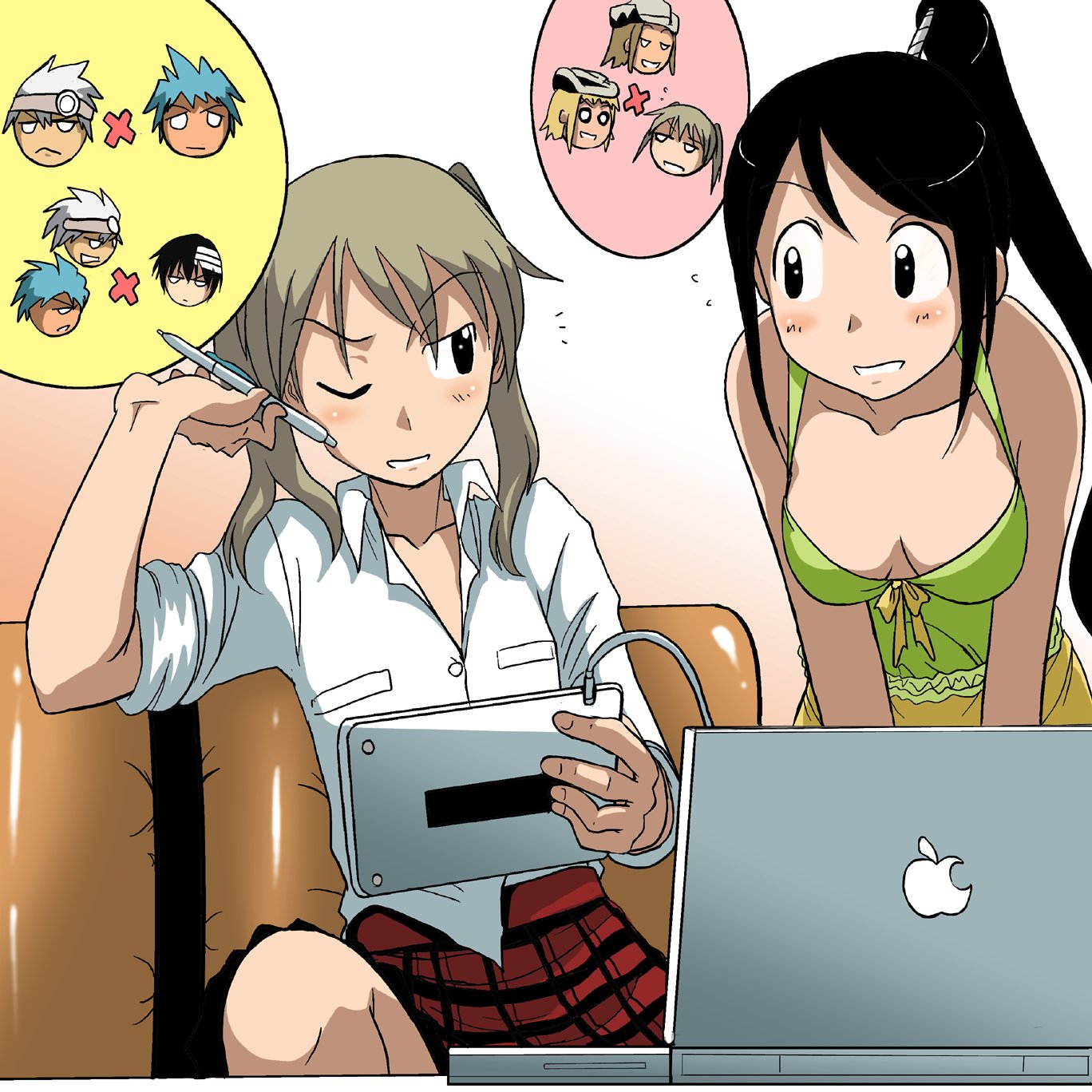 kakkii, black star, death the kid, elizabeth thompson, maka albarn, nakatsukasa tsubaki, patricia thompson, soul evans, soul eater, plaid, tablet, highres, 2girls, computer, laptop, macbook, multiple girls, plaid skirt, ponytail, product placement, skirt, twintails