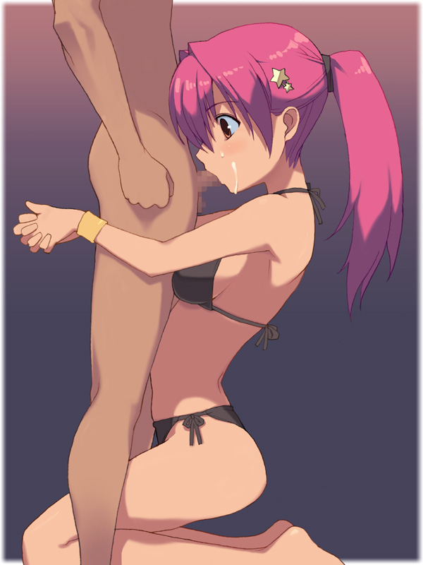 nora higuma, character request, lowres, source request, 1girl, ass, barefoot, bikini, black bikini, blush, border, breast press, brown eyes, censored, clothed female nude male, cum, cum on body, dark-skinned male, dark penis, dark skin, deepthroat, facial, feet, fellatio, from side, gradient background, halterneck, interracial, kneeling, long hair, mosaic censoring, nude, oral, outside border, own hands clasped, penis, pink hair, ponytail, purple background, side-tie bikini bottom, solo focus, swimsuit, tareme, white border