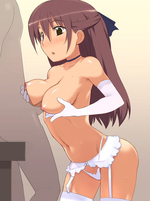 nora higuma, black neckwear, 1girl, blush, breasts, brown eyes, brown hair, choker, elbow gloves, garter belt, gloves, invisible penis, large breasts, lingerie, long hair, no bra, paizuri, panties, penis, perpendicular paizuri, solo focus, thighhighs, underwear