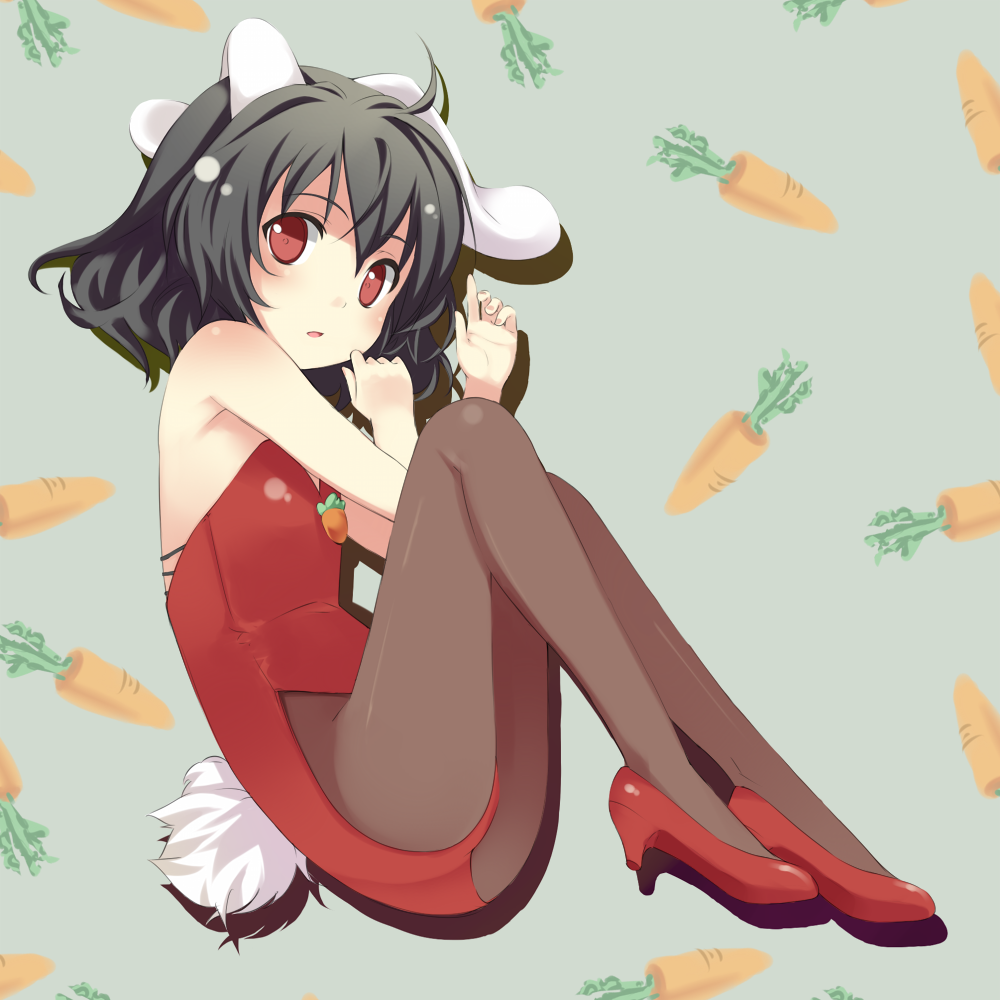 doriruman, inaba tewi, touhou, 1girl, animal costume, animal ears, ass, bare shoulders, black hair, carrot, female focus, flat chest, high heels, jewelry, leotard, lying, necklace, on side, pantyhose, playboy bunny, rabbit ears, rabbit tail, red eyes, shoes, short hair, simple background, solo, tail