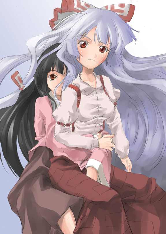 yohane, fujiwara no mokou, houraisan kaguya, touhou, 2girls, female focus, long hair, multiple girls, ribbon, yuri