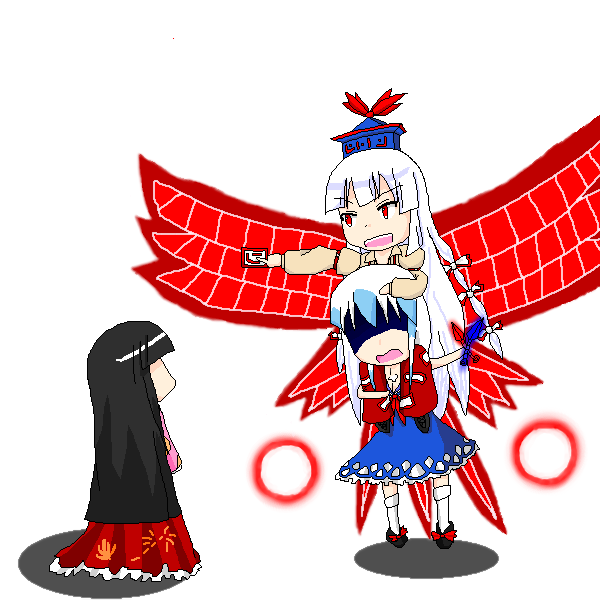 fujiwara no mokou, houraisan kaguya, kamishirasawa keine, touhou, 3girls, blue hair, carrying, chibi, female focus, hat, long hair, multiple girls, ribbon, shoulder carry, simple background, standing, white background