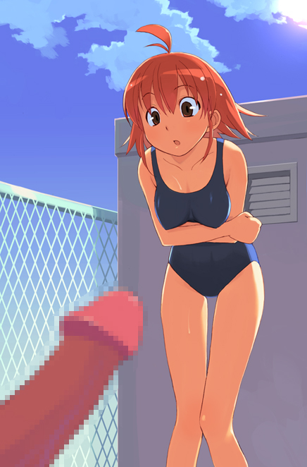 nora higuma, 1girl, ahoge, arms under breasts, blue one-piece swimsuit, censored, clothed female nude male, crossed arms, dark penis, erection, interracial, leaning forward, mosaic censoring, nude, one-piece swimsuit, penis, penis awe, red hair, rooftop, school roof, school swimsuit, short hair, solo focus, staring, swimsuit, thigh gap, thighs, wet