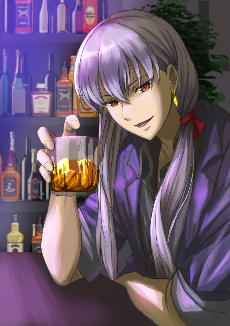 ksfactory, kama (fate), kama (male) (fate), fate/grand order, fate (series), commentary, highres, 1girl, alcohol, bar (place), cup, earrings, genderswap, genderswap (ftm), hair between eyes, holding, holding cup, indoors, jewelry, long hair, looking at viewer, male focus, open mouth, recursive genderswap, red eyes, sidelocks, smile, solo, white hair
