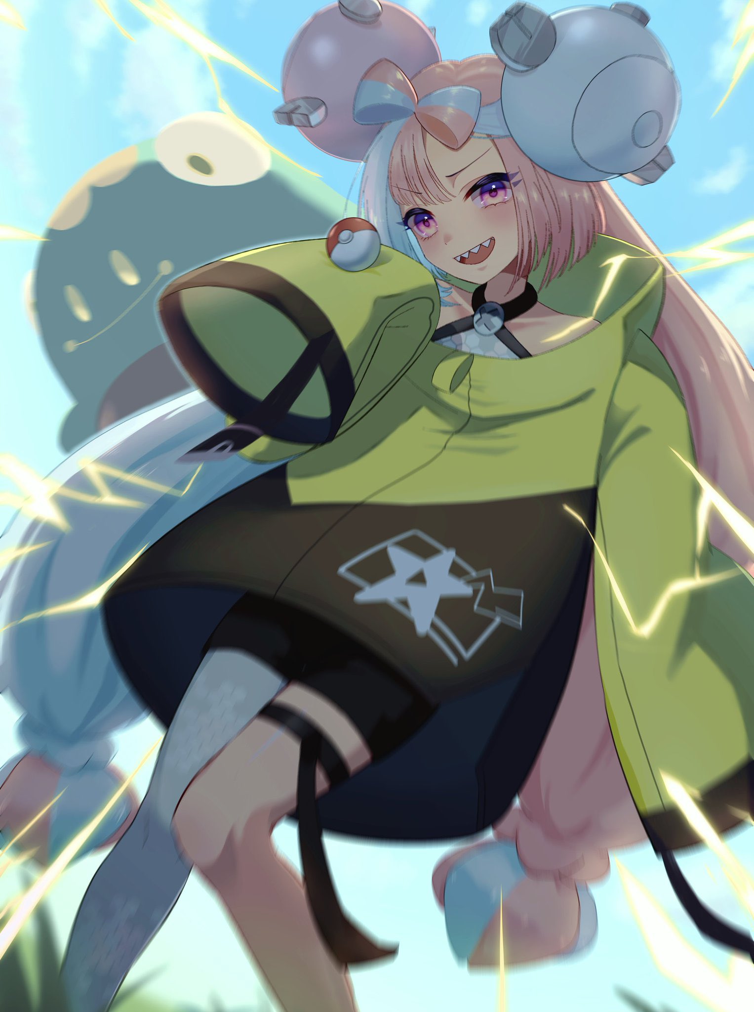 amanegi toro, bellibolt, iono (pokemon), nintendo, pokemon, pokemon sv, commentary request, highres, 1girl, :d, black shorts, blue hair, blurry, blush, character hair ornament, cloud, day, electricity, grey pantyhose, hair ornament, halter shirt, halterneck, jacket, long hair, multicolored hair, open mouth, outdoors, pantyhose, pantyhose under shorts, pokemon (creature), purple eyes, sharp teeth, shirt, shorts, single leg pantyhose, sky, smile, teeth, thigh strap, twintails, two-tone hair, upper teeth only, yellow jacket