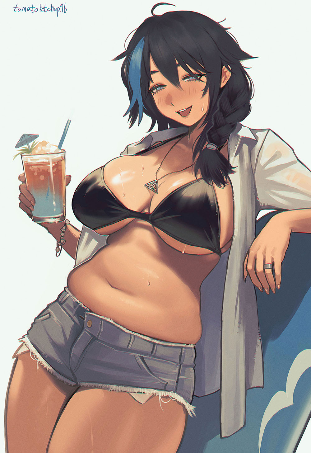 tomatoketchup96, original, highres, 1girl, ahoge, belly, bikini, black bikini, blue streaks, breasts, cocktail umbrella, collared shirt, cup, cutoffs, denim, denim shorts, drink, drinking straw, glass, hair over shoulder, hair rings, holding, holding cup, jewelry, muffin top, multicolored hair, necklace, open clothes, open mouth, open shirt, plump, ring, shirt, short shorts, shorts, single hair ring, streaked hair, swimsuit, teeth, upper teeth only, white shirt