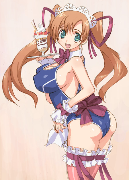 hirose (mokiki), shirley fenette, code geass, 00s, 1girl, ass, blue eyes, breasts, brown hair, cowboy shot, female focus, food, hirose (mokiki, large breasts, long hair, one-piece swimsuit, parfait, school swimsuit, solo, standing, swimsuit, thighhighs, thighs, twintails, waitress