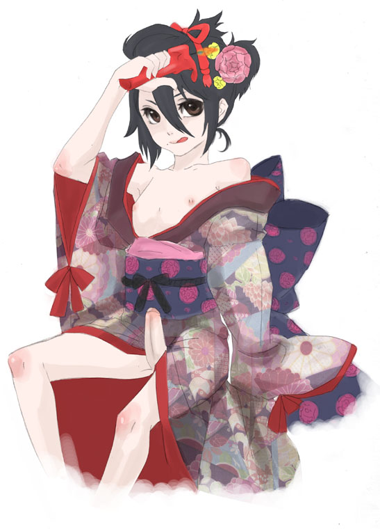 mksm, bad id, bad pixiv id, 1boy, androgynous, black hair, brown eyes, candle, collarbone, crossdressing, crossdressing (mtf), erection, flat chest, hair between eyes, japanese clothes, kimono, looking at viewer, male focus, nipples, open clothes, penis, shota, sitting, solo, tongue, trap