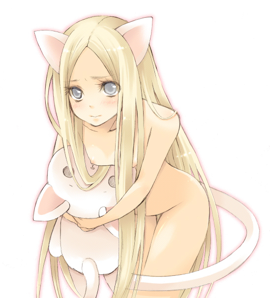 pocopoco, miata (claymore), claymore (series), 00s, 1girl, animal ears, blonde hair, blue eyes, blush, breasts, cat ears, cat tail, female focus, flat chest, grey eyes, kemonomimi mode, leaning forward, long hair, nipples, nude, solo, stuffed animal, stuffed cat, stuffed toy, tail, very long hair