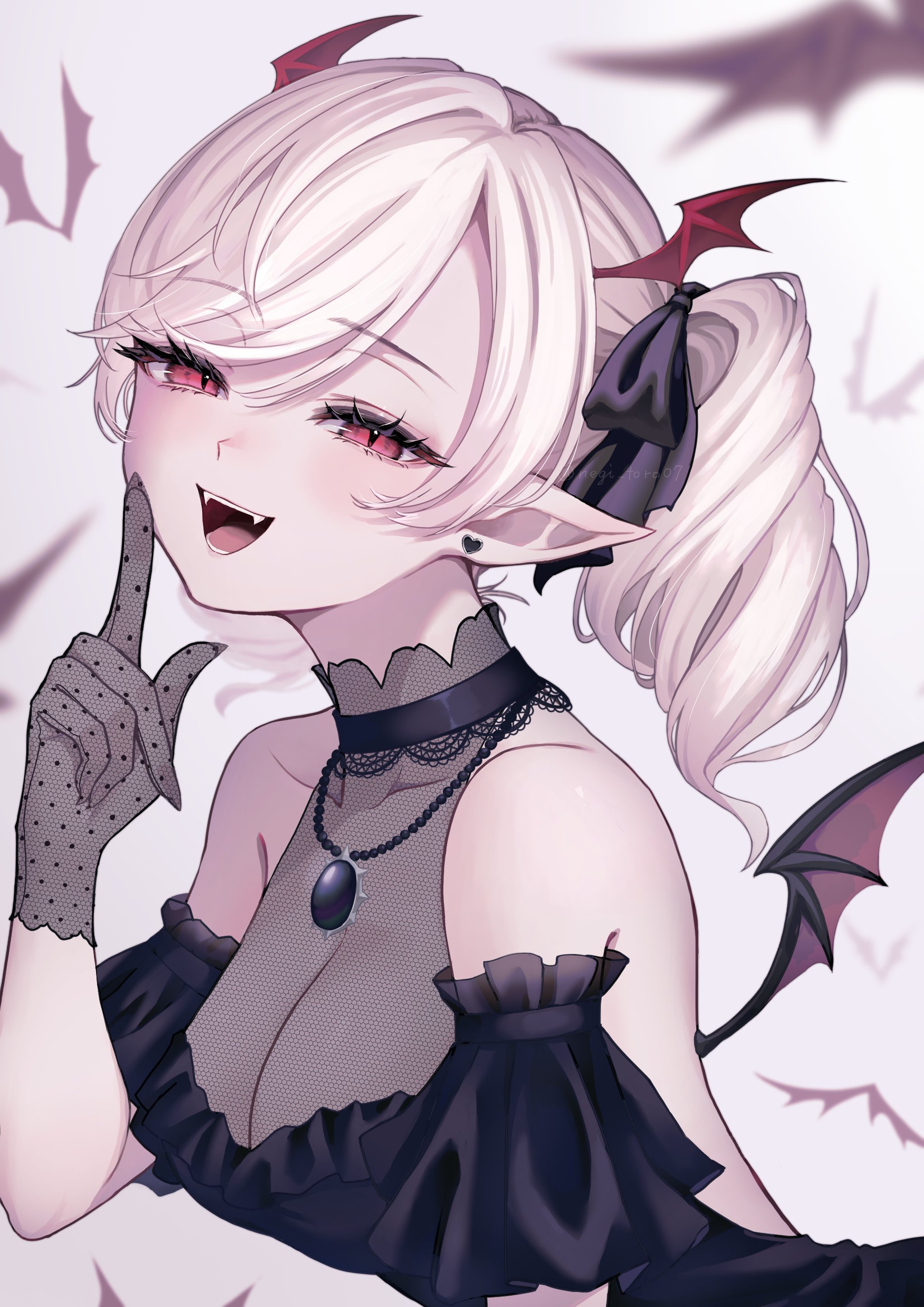 amanegi toro, original, absurdres, commentary request, highres, 1girl, bare shoulders, bat wings, breasts, cleavage, fang, fishnet gloves, fishnets, gloves, hair ornament, jewelry, looking at viewer, medium breasts, mini wings, necklace, open mouth, red eyes, slit pupils, smile, solo, vampire, white hair, wing hair ornament, wings