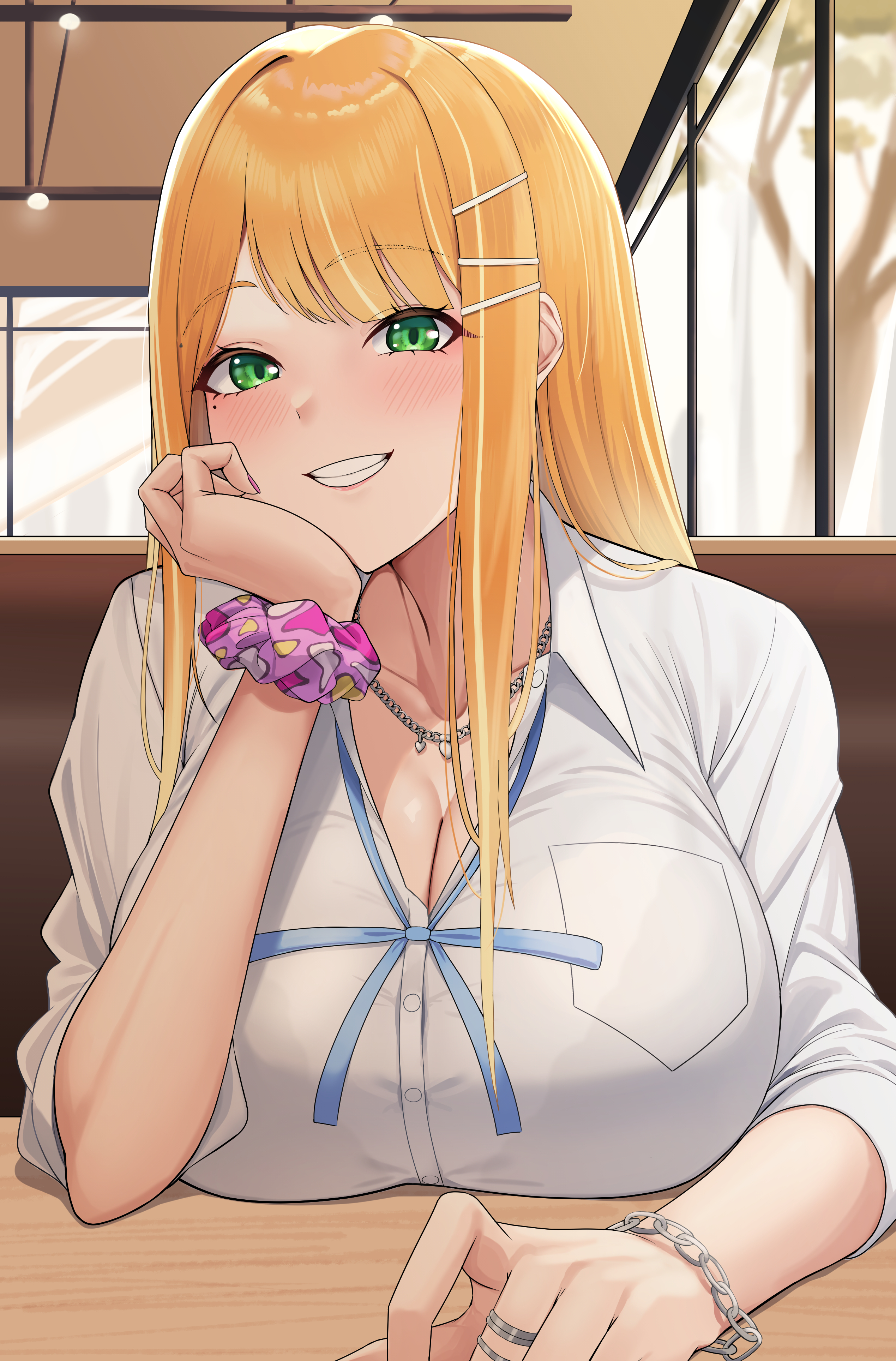 arisugawa ya, shiun sumika, gakuen idolmaster, idolmaster, absurdres, highres, 1girl, blonde hair, bra visible through clothes, bracelet, breast rest, breasts, breasts on table, collarbone, green eyes, grin, head rest, huge breasts, jewelry, long hair, looking at viewer, neck, pov across table, ring, scrunchie, see-through clothes, shirt, smile, solo, white shirt, wrist scrunchie