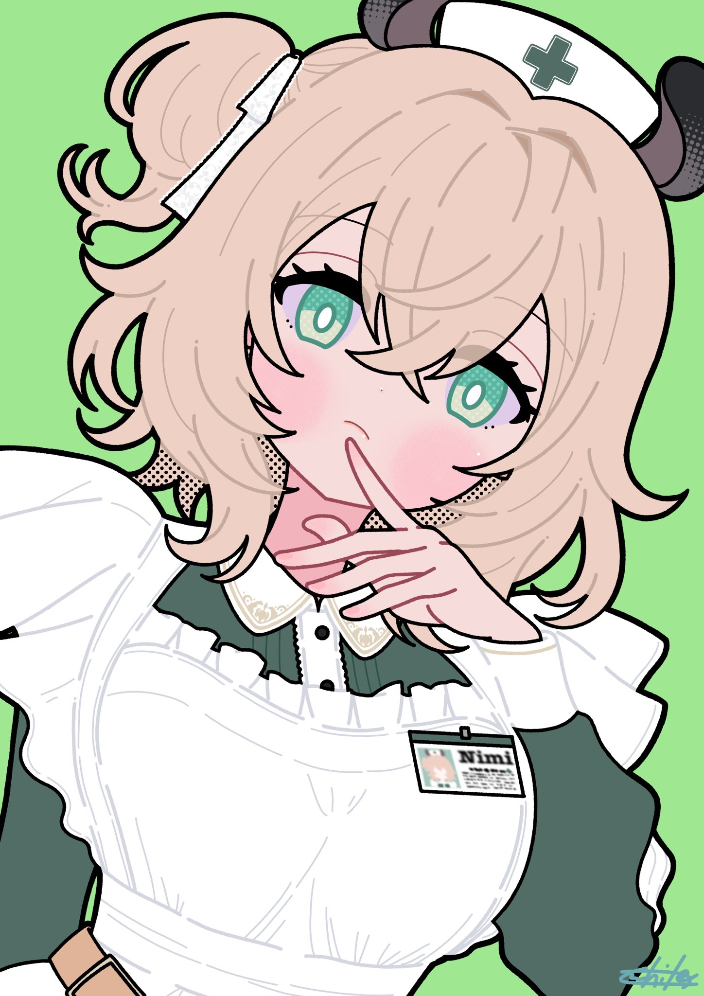 pigma 01, nimi nightmare, nimi nightmare (1st costume), indie virtual youtuber, highres, 1girl, animal ears, apron, breasts, bright pupils, brown hair, dress, green background, green dress, green eyes, hat, large breasts, name tag, nurse cap, one side up, signature, tapir ears, virtual youtuber, white apron, white pupils