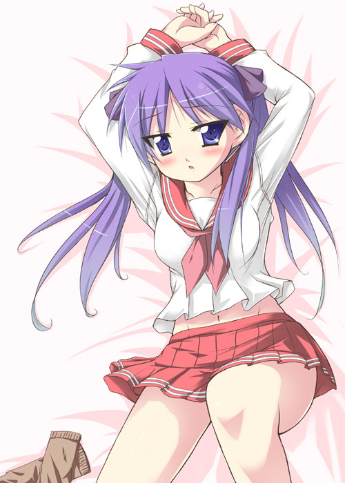 tekehiro, hiiragi kagami, lucky star, 00s, 1girl, arms up, blue eyes, blush, breasts, collarbone, female focus, groin, hair ribbon, lying, midriff, navel, on back, pleated skirt, purple hair, ribbon, school uniform, serafuku, skirt, socks, solo, thighs, tsurime, twintails, undressing