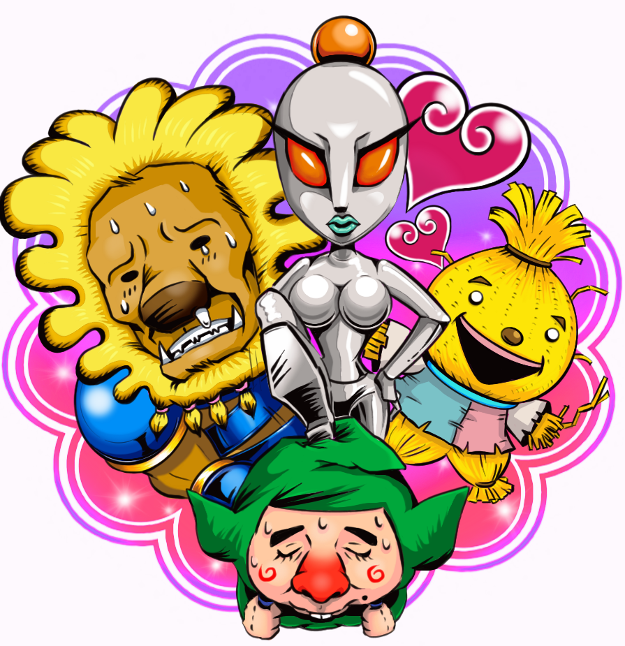 tingle, 1girl, 3boys, armor, backpack, bag, blue armor, blue bag, blue lips, bodysuit, boots, bracer, breasts, buck teeth, buriki (tingle), closed eyes, fangs, foot on head, furrowed brow, green bodysuit, hands on own hips, heart, high heel boots, high heels, hood, hooded bodysuit, kakashi (tingle), lion (tingle), lion boy, lion mane, looking at viewer, male focus, marking on cheek, medium breasts, mole, mole under mouth, multiple boys, nervous sweating, no pupils, open mouth, orange eyes, patchwork clothes, pauldrons, pointy ears, ripened tingle's balloon trip of love, robo (pollyanna i), robot girl, scarecrow, shoulder armor, smile, snot, straw (stalk), sweat, teeth, thick lips, white background, white eyes