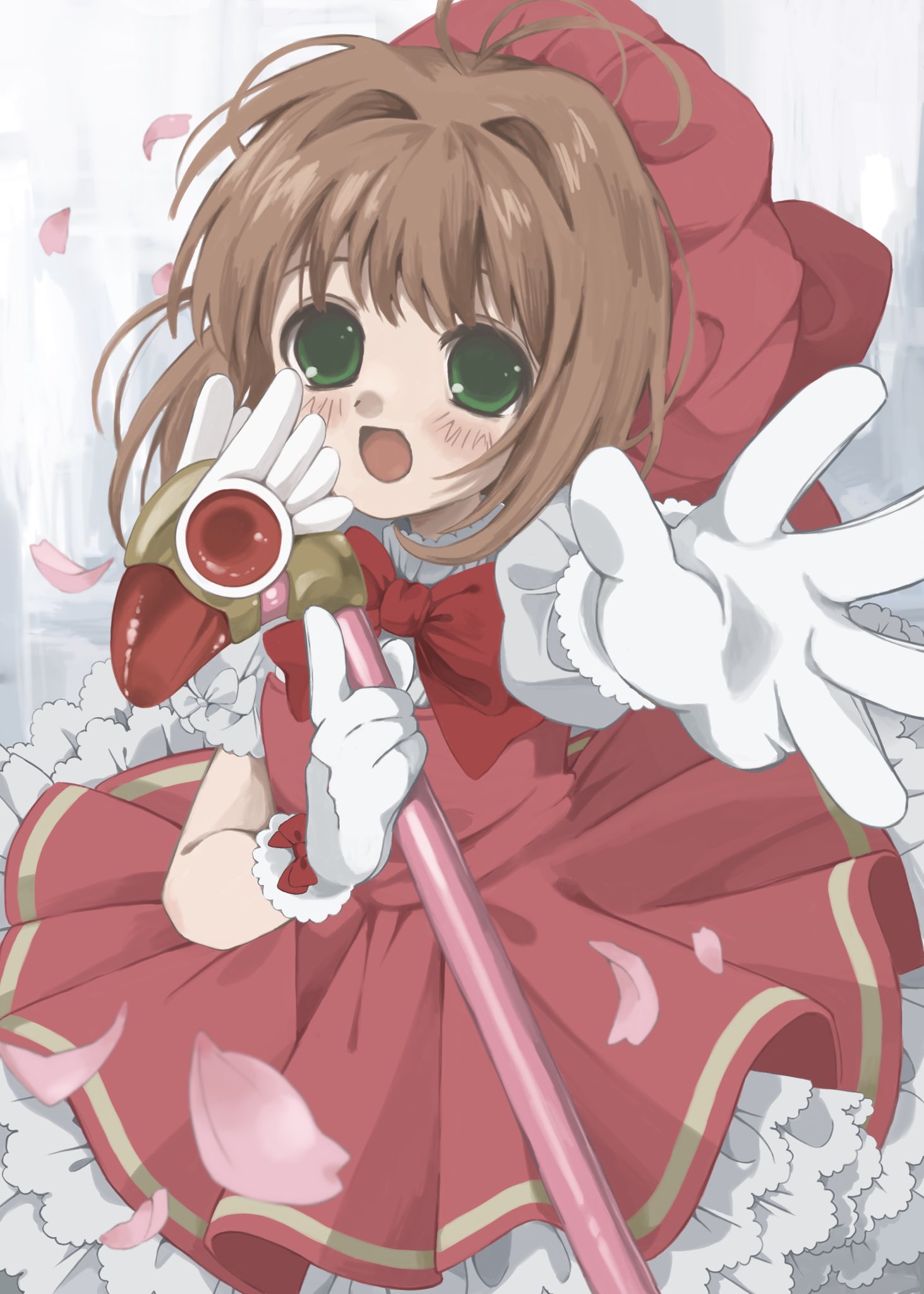 nekotan (necotqn), kinomoto sakura, kinomoto sakura (magician), cardcaptor sakura, highres, 1girl, bow, bowtie, brown hair, dress, fuuin no tsue, gloves, green eyes, holding, holding wand, looking at viewer, magical girl, petals, puffy short sleeves, puffy sleeves, red bow, red bowtie, red dress, short hair, short sleeves, smile, solo, wand, white dress, white gloves