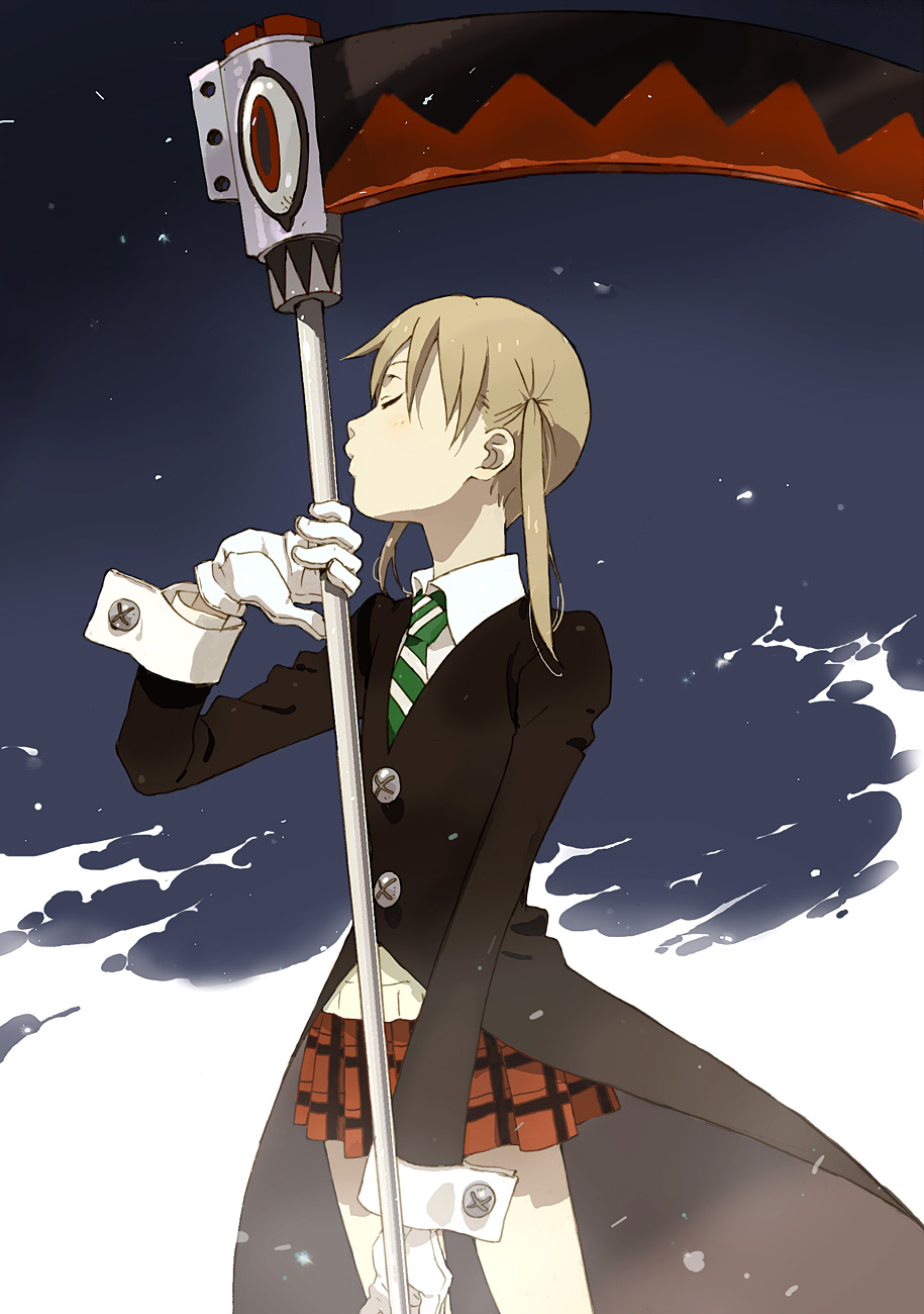 kiikanna, maka albarn, soul evans, soul eater, highres, 00s, necktie, plaid clothes, plaid skirt, scythe, skirt, solo, striped necktie