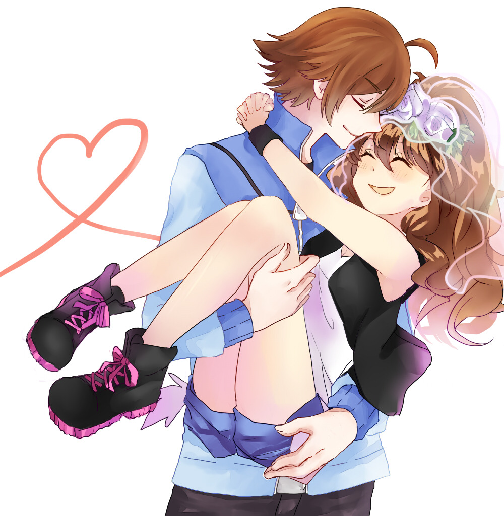 hilbert (pokemon), hilda (pokemon), nintendo, pokemon, pokemon bw, artist collaboration, 1boy, 1girl, ahoge, applecrazy47, blue jacket, blush, boots, brown hair, carrying, closed eyes, denim, denim shorts, heart, heart of string, hetero, jacket, lace-up boots, llohekall, princess carry, shorts, simple background, smile, veil, white background, white veil