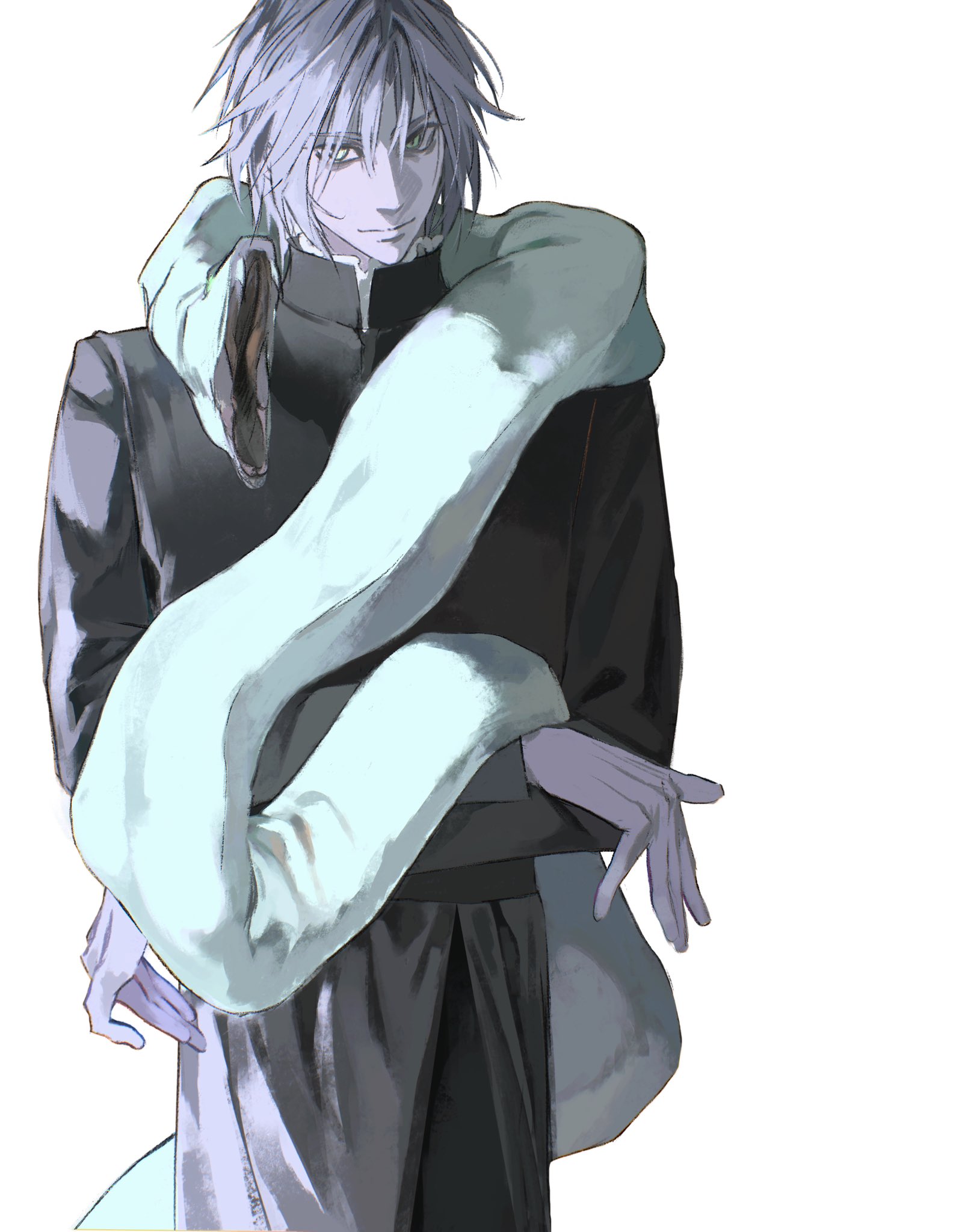 xscr1205, sephiroth, sephiroth (ever crisis), final fantasy, final fantasy vii, final fantasy vii ever crisis, highres, 1boy, alternate costume, animal, animal on shoulder, black pants, black shirt, crossed arms, green eyes, grey hair, high collar, holding, holding animal, light smile, long sleeves, looking to the side, male focus, open mouth, pants, shirt, short hair, simple background, snake, standing, upper body, white background, white snake