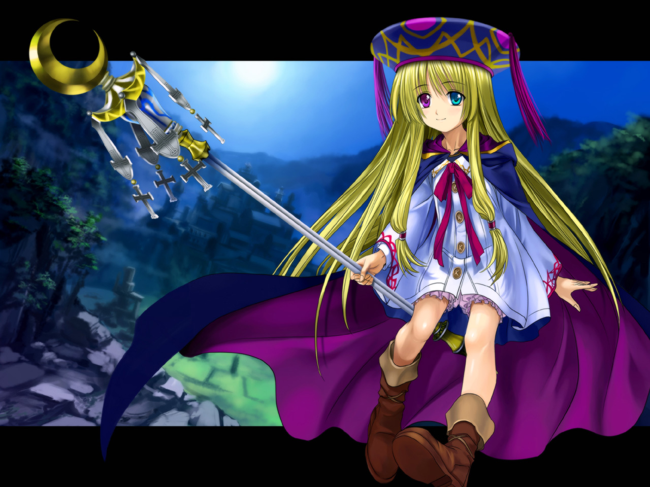 mutsuki (moonknives), original, 1girl, blonde hair, blue eyes, blush, boots, cape, crescent, cross, dress, female focus, greek cross, hat, heterochromia, latin cross, long hair, purple eyes, smile, solo, staff