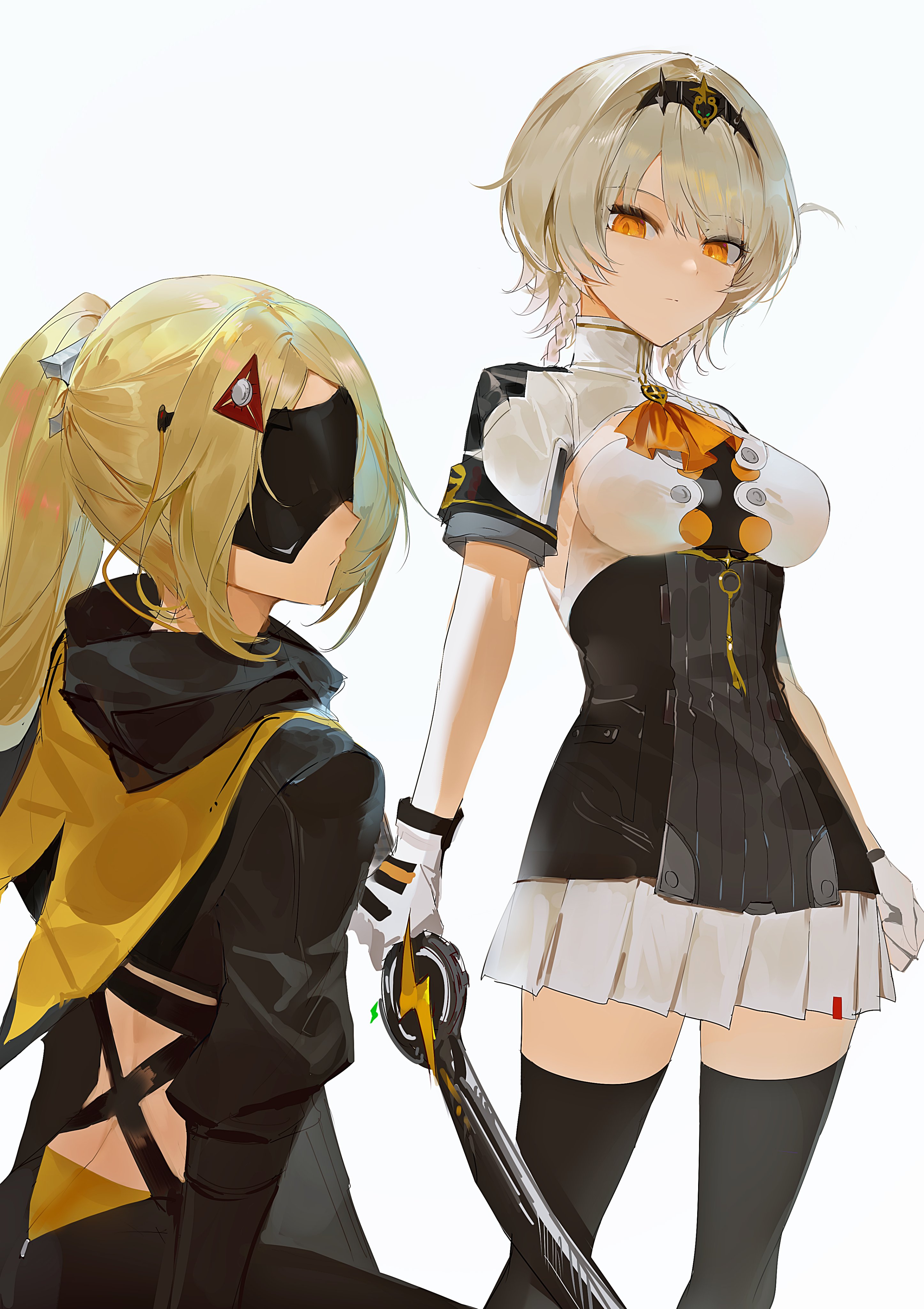 baiser3rd, anby demara, anby demara (silver soldier), trigger (zenless zone zero), zenless zone zero, absurdres, commentary request, highres, korean commentary, 2girls, ascot, black dress, black hairband, black pants, black shrug, black thighhighs, blindfold, blonde hair, braid, breasts, butt crack, closed mouth, covered eyes, dress, eye mask, grey hair, hair ornament, hairband, holding, holding sword, holding weapon, medium breasts, multiple girls, orange ascot, orange eyes, pants, pleated skirt, ponytail, shrug (clothing), side braids, simple background, skirt, skirt under dress, sword, thighhighs, triangle hair ornament, two-tone dress, weapon, white background, white dress, white shrug, white skirt