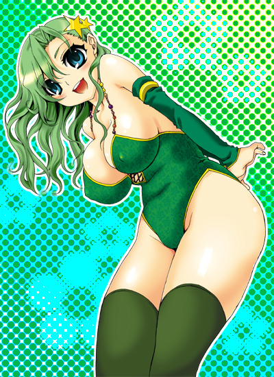 berrylollipop, takanashi china, rydia (adult) (ff4), rydia (ff4), final fantasy, final fantasy iv, 1990s (style), 1girl, blue eyes, breasts, cleavage, covered erect nipples, elbow gloves, female focus, gloves, green hair, hair ornament, large breasts, leotard, retro artstyle, sideboob, solo, star (symbol), star hair ornament, thighhighs