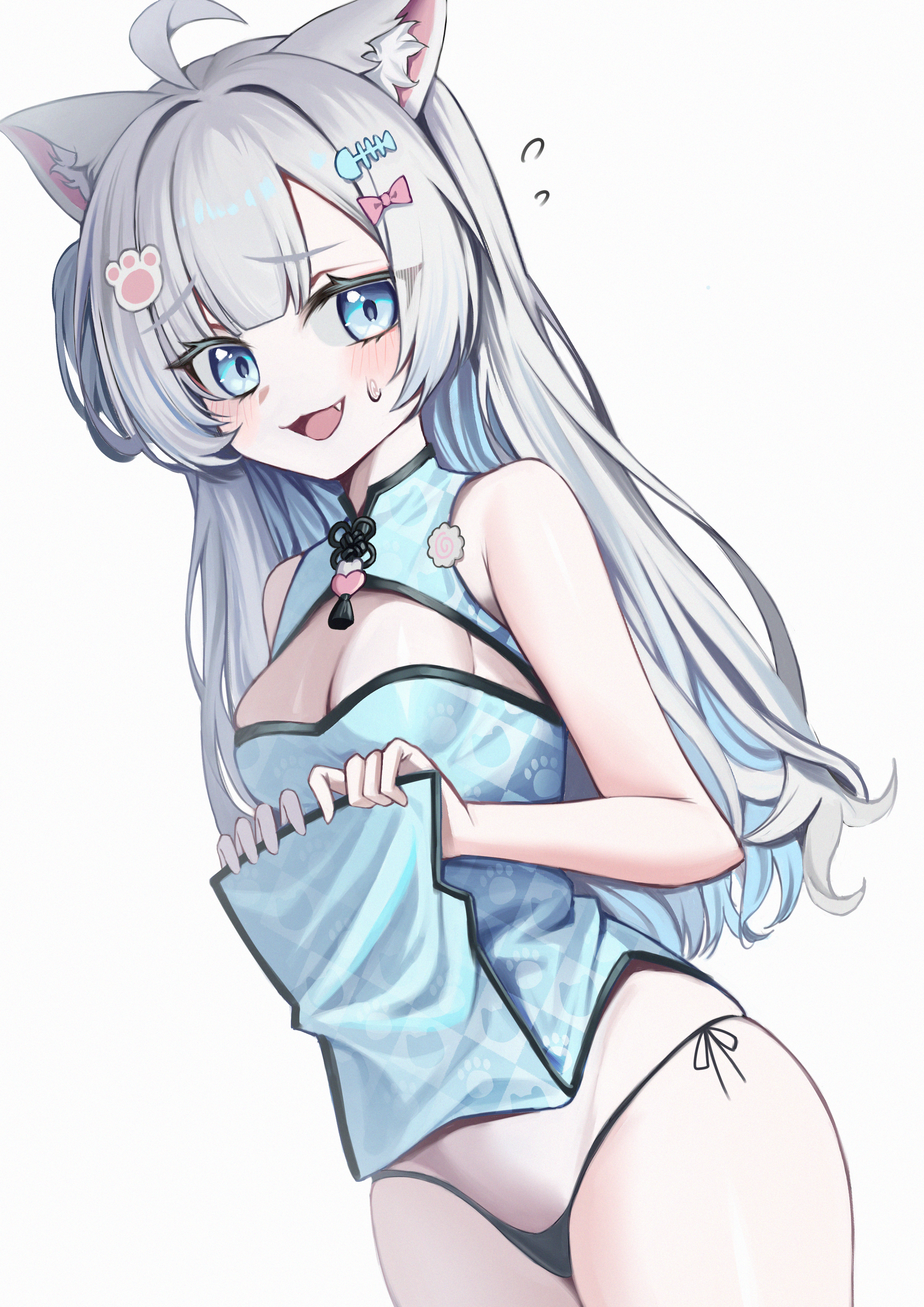 jinggun, nachu (vtuber), indie virtual youtuber, absurdres, commentary, highres, 1girl, :3, ahoge, animal ears, bare arms, bare shoulders, black panties, blue dress, blue eyes, blue hair, breasts, cat ears, cat tail, china dress, chinese clothes, cleavage, cleavage cutout, clothes lift, clothing cutout, cowboy shot, dress, fang, long hair, looking at viewer, medium breasts, multicolored hair, one side up, open mouth, panties, pelvic curtain, pelvic curtain lift, side-tie panties, simple background, sleeveless, sleeveless dress, smile, solo, string panties, sweatdrop, tail, two-tone hair, underwear, very long hair, virtual youtuber, white background, white hair