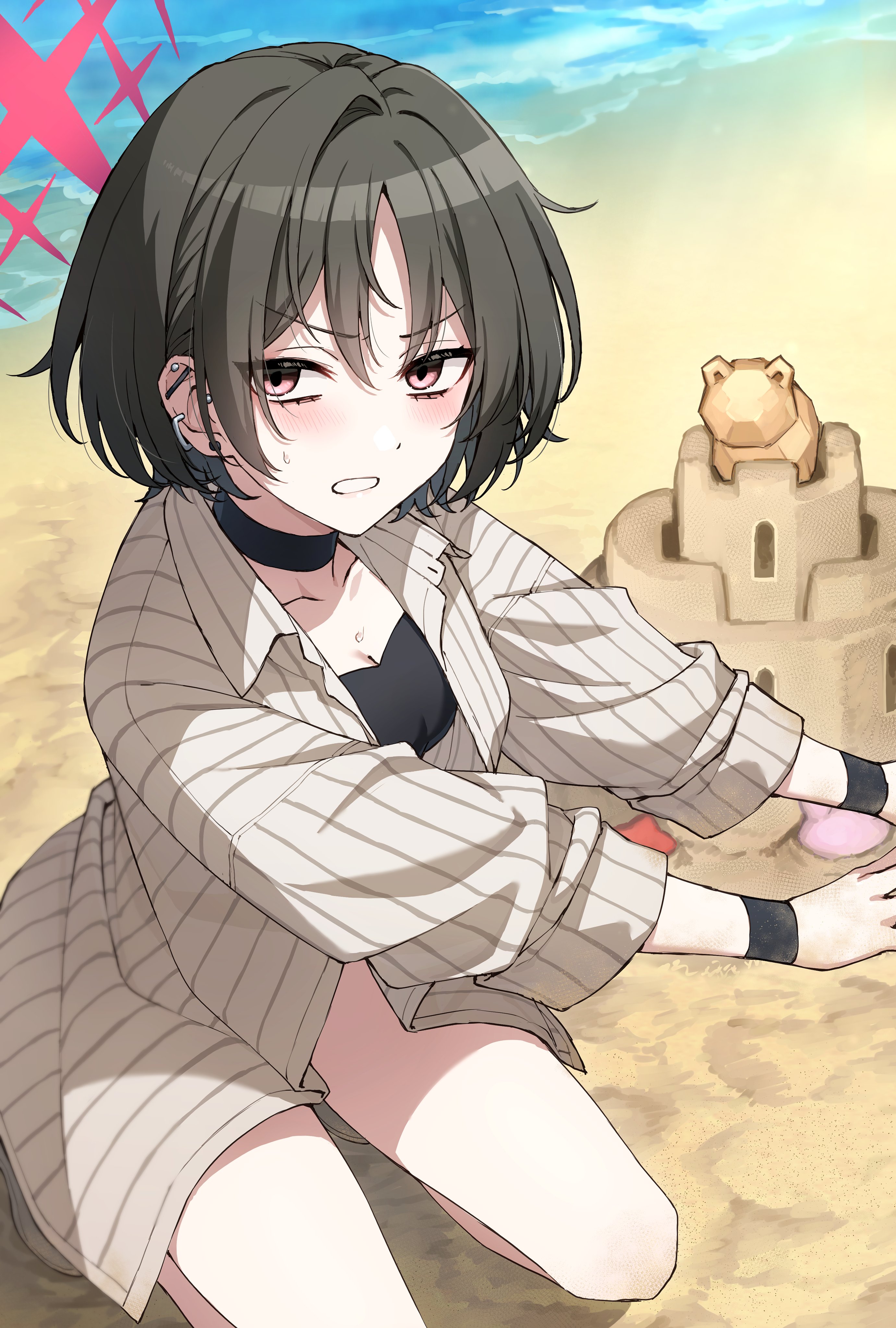somechime (sometime1209), misaki (blue archive), misaki (swimsuit) (blue archive), blue archive, absurdres, commentary request, highres, 1girl, angry, bandeau, barbell piercing, beach, bikini, bikini under clothes, black bandeau, black bikini, black choker, black hair, breasts, brown hair, choker, cleavage, clenched teeth, day, ear piercing, halo, industrial piercing, light blush, looking at viewer, medium breasts, ocean, official alternate costume, open mouth, outdoors, parted lips, piercing, pinstripe pattern, pinstripe shirt, red halo, sand, sand castle, sand sculpture, shirt, short hair, solo, squatting, striped clothes, striped shirt, sweatdrop, swimsuit, teeth, toy, vertical-striped clothes, vertical-striped shirt, yellow eyes