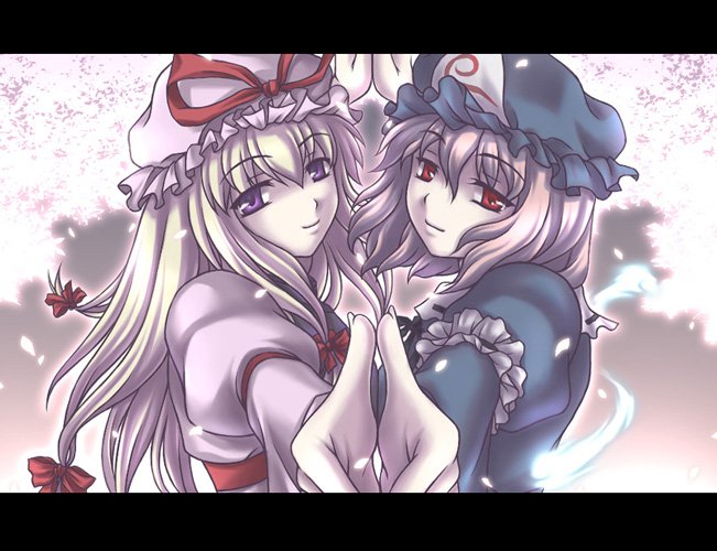 hachino 832, saigyouji yuyuko, yakumo yukari, touhou, bad id, bad pixiv id, 2girls, female focus, letterboxed, multiple girls, symmetrical hand pose