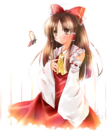 haruhi ayame, hakurei reimu, imperishable night, touhou, bad id, bad pixiv id, 1girl, brown hair, bug, butterfly, female focus, japanese clothes, long hair, miko, ribbon, solo, white background