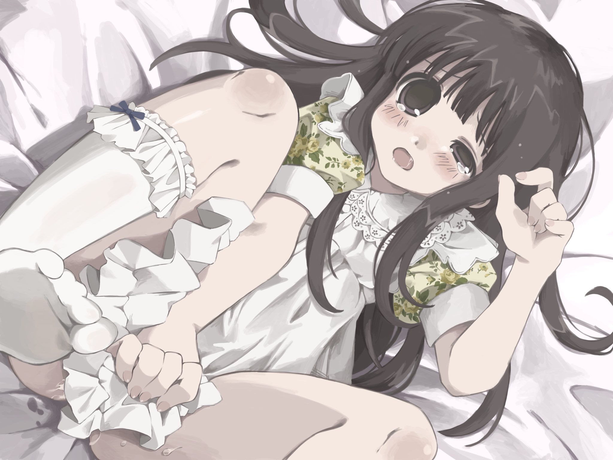 nekotan (necotqn), original, highres, 1girl, bed sheet, blush, brown eyes, brown hair, covering privates, cum, dress, long hair, looking at viewer, lying, no shoes, on back, on bed, open mouth, puffy short sleeves, puffy sleeves, saliva, short sleeves, socks, solo, tears, uneven eyes, white dress, white socks
