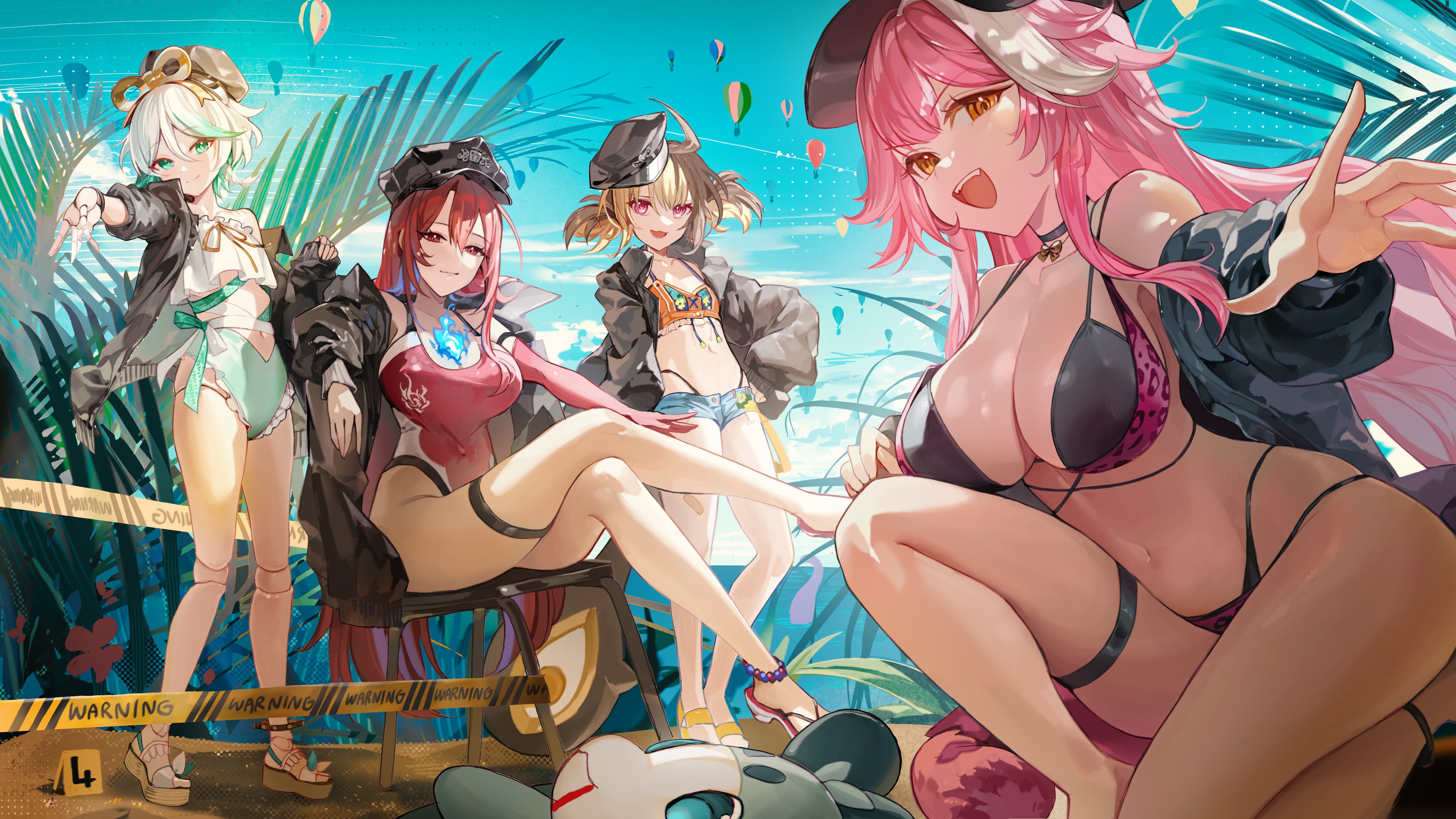 happyongdal, cecilia immergreen, cecilia immergreen (holonatsu paradise), chattino (raora panthera), elizabeth rose bloodflame, elizabeth rose bloodflame (holonatsu paradise), gigi murin, gigi murin (holonatsu paradise), raora panthera, raora panthera (holonatsu paradise), holojustice, hololive, hololive english, holonatsu paradise, absurdres, commentary, english commentary, highres, 4girls, :d, animal ears, animal print, beach, bikini, bikini under shorts, black hat, black jacket, blue fire, blue hair, blue sky, braid, breasts, brown hair, caution tape, center-flap bangs, cleavage, closed mouth, cloud, colored inner hair, day, denim, denim shorts, doll, doll joints, double-parted bangs, dress, eyewear on head, fire, fire on chest, flat chest, frilled dress, frills, full body, green eyes, green hair, green one-piece swimsuit, grey hair, hair between eyes, hair ornament, hand on own hip, hat, highleg, highleg bikini, highleg one-piece swimsuit, jacket, joints, large breasts, leopard print, leopard print bikini, long hair, looking at viewer, multi-strapped bikini bottom, multi-strapped bikini top, multicolored hair, multiple girls, navel, official alternate costume, official alternate hairstyle, one-piece swimsuit, open mouth, orange bikini, outdoors, panther ears, panther girl, panther tail, peaked cap, pink eyes, pink hair, print bikini, red eyes, red hair, red one-piece swimsuit, sandals, short hair, short twintails, shorts, side braid, sidelocks, single braid, sitting, sky, smile, squatting, standing, stomach, streaked hair, sunglasses, swimsuit, tail, thigh strap, twintails, two-tone hair, very long hair, virtual youtuber, white hair, winding key, yellow eyes
