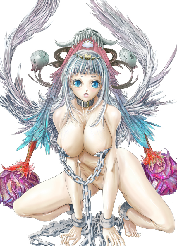 tanupo, original, 1girl, bad anatomy, bad feet, barefoot, blue eyes, breasts, chain, choker, cleavage, fantasy, feet, female focus, huge breasts, nude, poorly drawn, skull, solo, white hair, wings