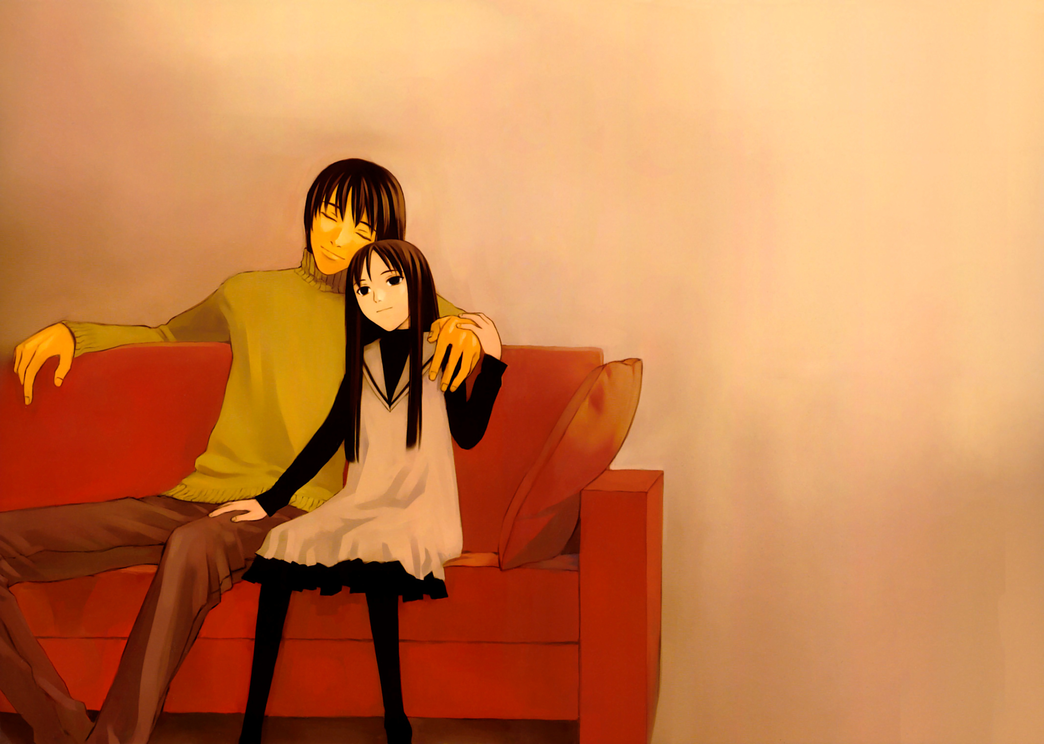 takano masayuki, kuroe kurose, misaki minato, blood alone, highres, 1boy, 1girl, black pantyhose, brown background, child, couch, dress, hand on another's thigh, head tilt, leaning on person, leaning to the side, pantyhose, red upholstery, sitting, vampire