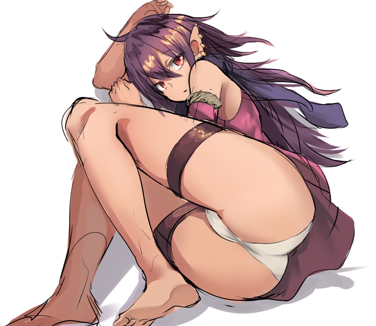 horinisiblade, original, 1girl, ass, barefoot, dark elf, dark skin, dress, earrings, elf, jewelry, long hair, lying, on side, panties, pointy ears, purple hair, red eyes, short dress, solo, thigh strap, underwear, upskirt, white background, white panties