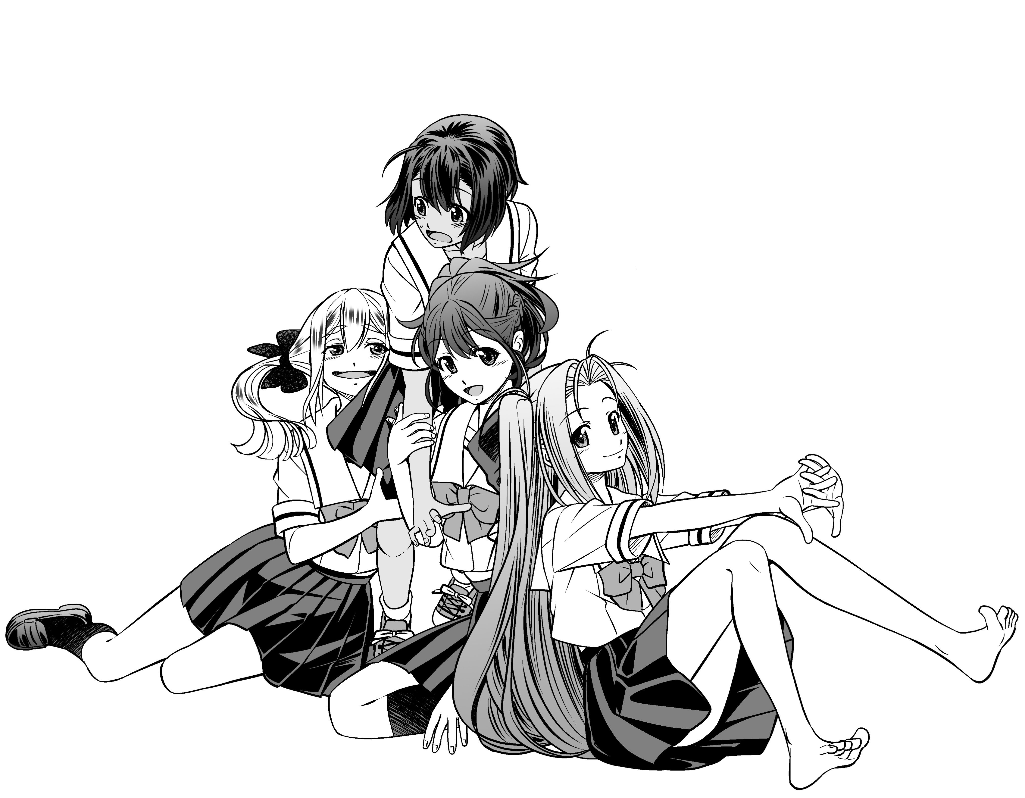 eibon, daitoku junna, koujiro frau, senomiya akiho, yukifune airi, robotics;notes, science adventure, absurdres, highres, 4girls, ahoge, barefoot, bow, chest bow, chuo tanegashima high school uniform, collarbone, crop top, ears visible through hair, fingernails, hair bow, leather belt, loafers, long hair, looking at viewer, miniskirt, monochrome, multiple girls, multiple hair bows, on ground, open mouth, pleated skirt, ribbon, sailor collar, school uniform, serafuku, shirt, shoes, short sleeves, sitting, skirt, smile, socks, standing, toes, twintails, white background, white sailor collar, white shirt