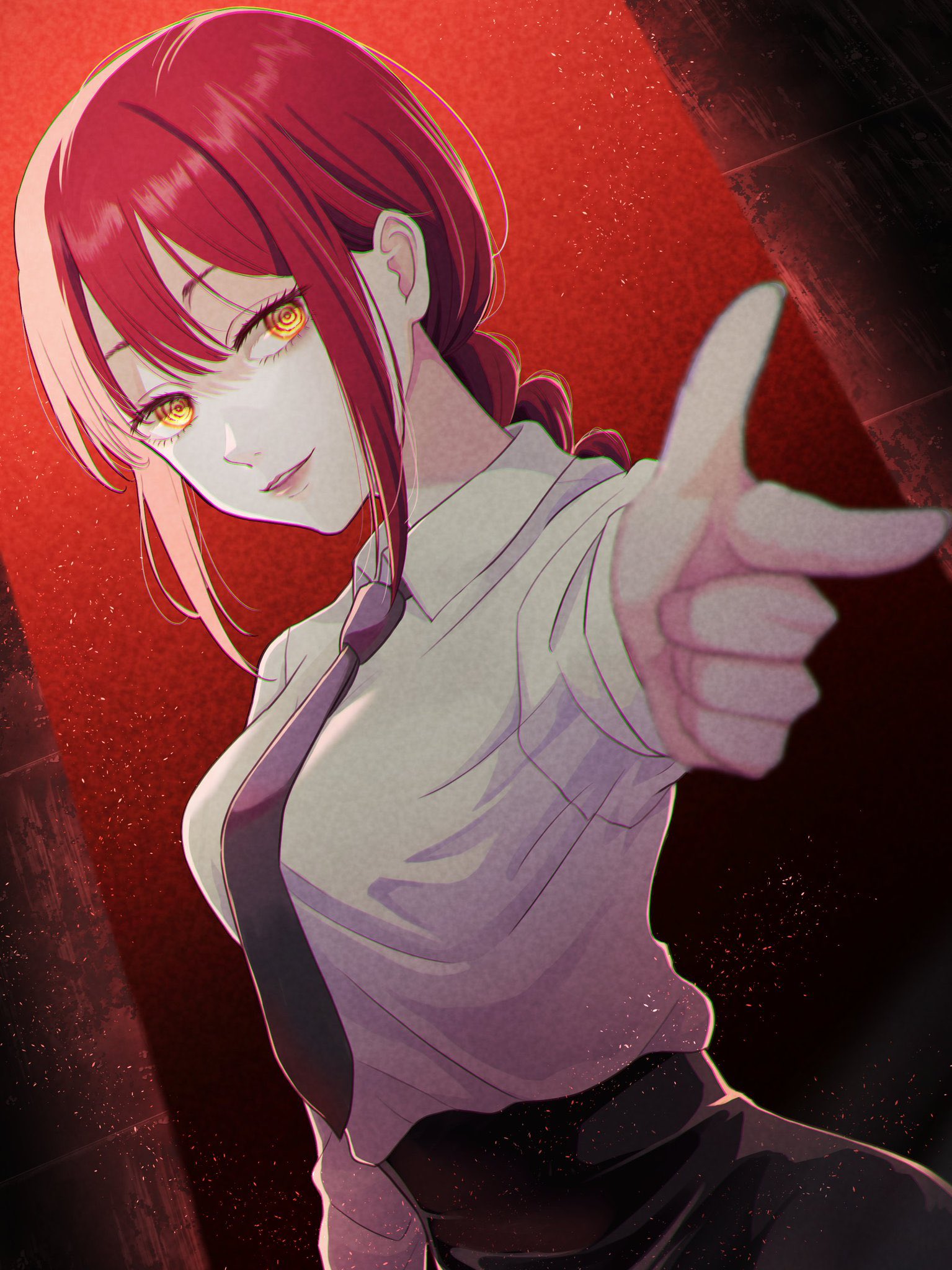 amanegi toro, makima (chainsaw man), chainsaw man, commentary request, highres, 1girl, aiming, aiming at viewer, arm up, black necktie, black pants, blurry, blurry foreground, braid, braided ponytail, breasts, collared shirt, depth of field, dress shirt, eyelashes, finger gun, hair between eyes, high-waist pants, long hair, long sleeves, looking at viewer, medium breasts, necktie, pants, parted lips, perspective, red background, red hair, ringed eyes, shirt, shirt tucked in, sidelocks, single braid, smile, solo, standing, upper body, white shirt, wing collar, yellow eyes