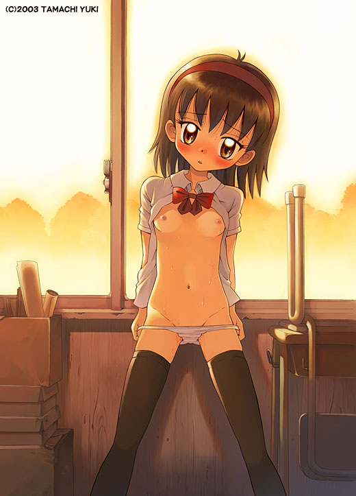tamachi yuki, 00s, 1girl, 2003, artist name, black hair, black thighhighs, blush, bow, breasts, breasts apart, brown eyes, chair, desk, dot nose, female focus, hairband, head tilt, indoors, loli, looking at viewer, navel, neck ribbon, nipples, no bra, open clothes, open shirt, panties, panty pull, presenting, pulling own clothes, red ribbon, ribbon, school, school chair, school desk, school uniform, shirt, short hair, short sleeves, small areolae, small breasts, small nipples, solo, sweat, text focus, thighhighs, underwear, undressing, watermark, white panties, window