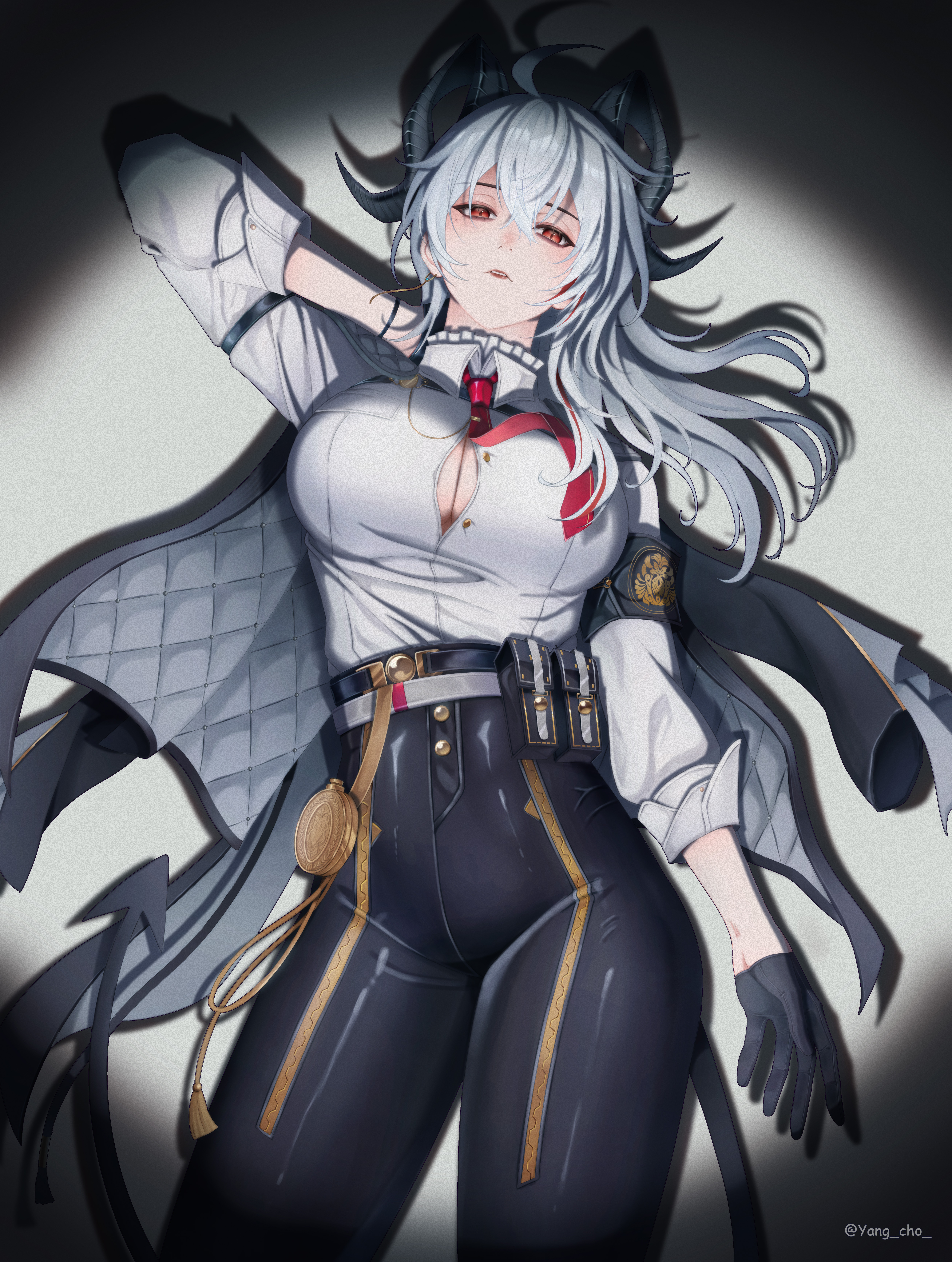 zani (wuthering waves), wuthering waves, absurdres, commentary, highres, 1girl, ahoge, arm up, black gloves, black horns, black pants, black tail, button gap, collared shirt, curled horns, demon tail, earrings, gloves, grey hair, hair between eyes, high-waist pants, horns, jewelry, key earrings, long hair, looking at viewer, multicolored hair, necktie, pants, parted lips, red eyes, red necktie, shadow, shirt, shirt tucked in, solo, streaked hair, tail, tight clothes, tight pants, twitter username, white shirt, yang cho (mxve7874)