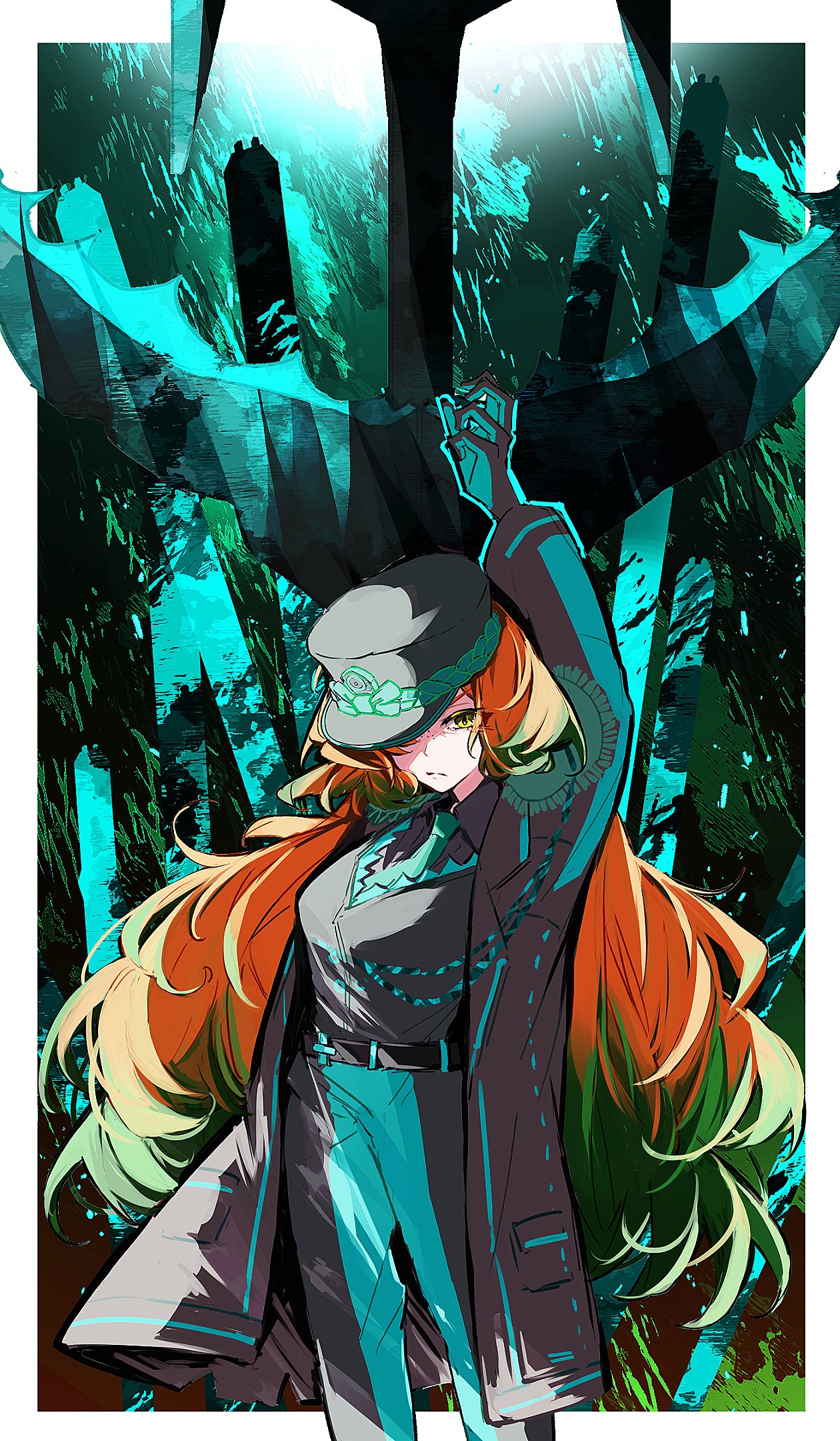 nakame77, ishmael (project moon), limbus company, project moon, highres, 1girl, anchor, aqua necktie, aqua pants, arm up, black coat, black gloves, black hat, blind obsession (e.g.o), border, coat, collared shirt, e.g.o (project moon), epaulettes, fluorescent lamp, freckles, gloves, gradient hair, green background, green eyes, green hair, hat, long hair, long sleeves, looking at viewer, military hat, multicolored hair, necktie, orange hair, pants, peaked cap, shirt, simple background, solo, standing, upper body, white border