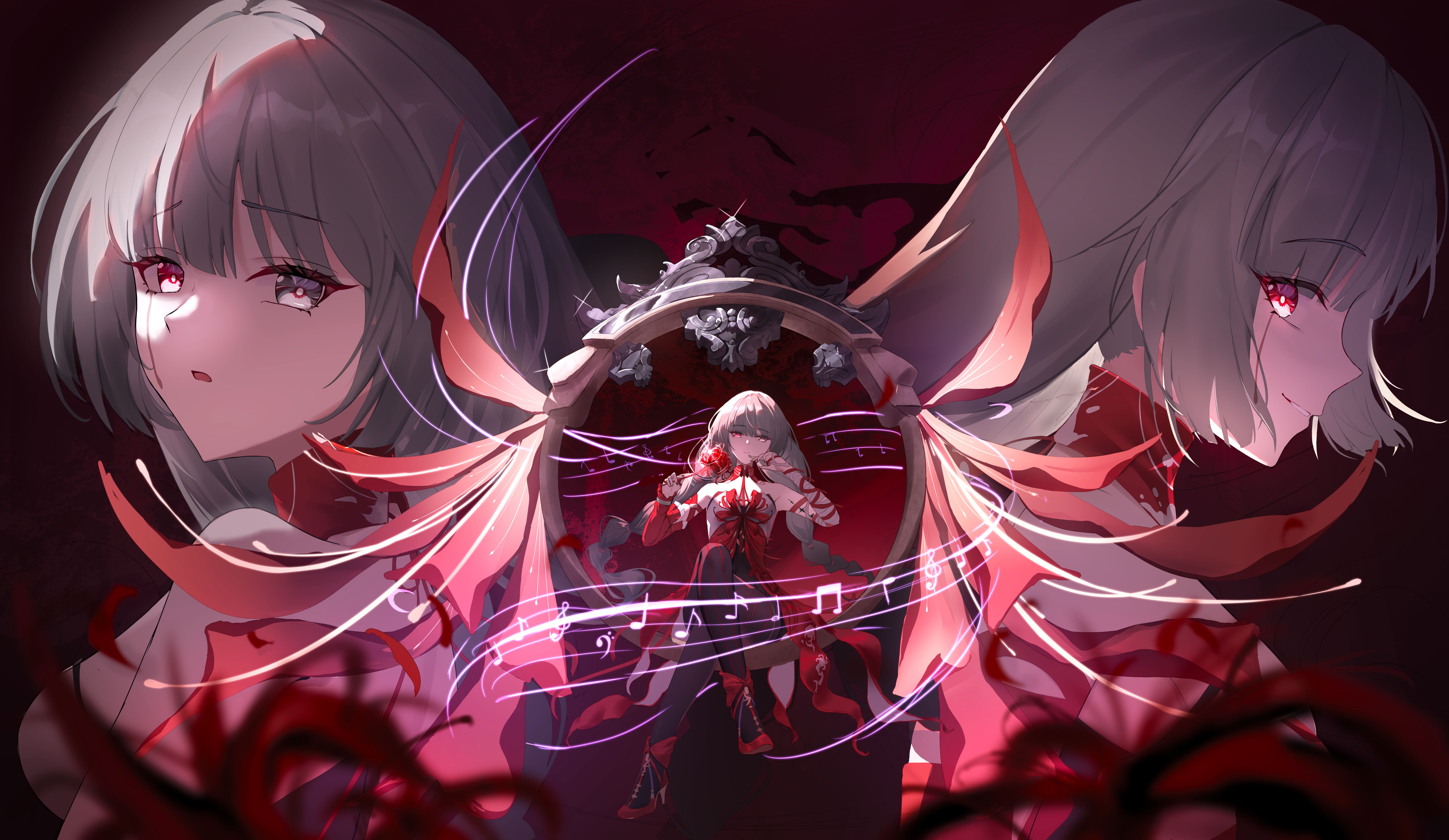 hui night, phrolova (wuthering waves), wuthering waves, absurdres, commentary, highres, 1girl, bandaged arm, bandages, bare shoulders, beamed eighth notes, black pantyhose, blood, bloody tears, blurry, blurry foreground, braid, breasts, closed mouth, crazy smile, crossed legs, detached sleeves, dress, flower, grey eyes, grey hair, halter dress, halterneck, heterochromia, long hair, looking at viewer, low twin braids, medium breasts, multiple persona, multiple views, musical note, pantyhose, parted lips, red dress, red eyes, red petals, red shoes, shoes, sideways glance, single detached sleeve, smile, spider lily, tacet mark (wuthering waves), twin braids