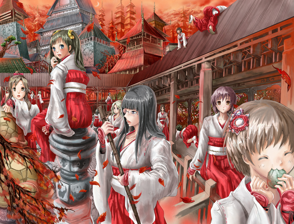 tanupo, 6+girls, :3, autumn, black hair, blonde hair, blue eyes, broom, brown eyes, brown hair, city, cityscape, eating, glasses, green hair, hair ornament, hakama, hakama skirt, japanese clothes, leaf, long hair, miko, multiple girls, purple eyes, purple hair, red hakama, short hair, skirt, tree, twintails