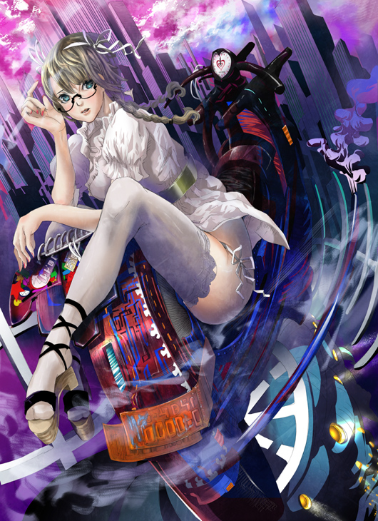 tanupo, 1girl, aqua eyes, bicycle, bow, braid, city, cityscape, female focus, frills, glasses, lace, nail polish, panties, pink nails, ribbon, science fiction, side-tie panties, solo, thighhighs, twin braids, underwear