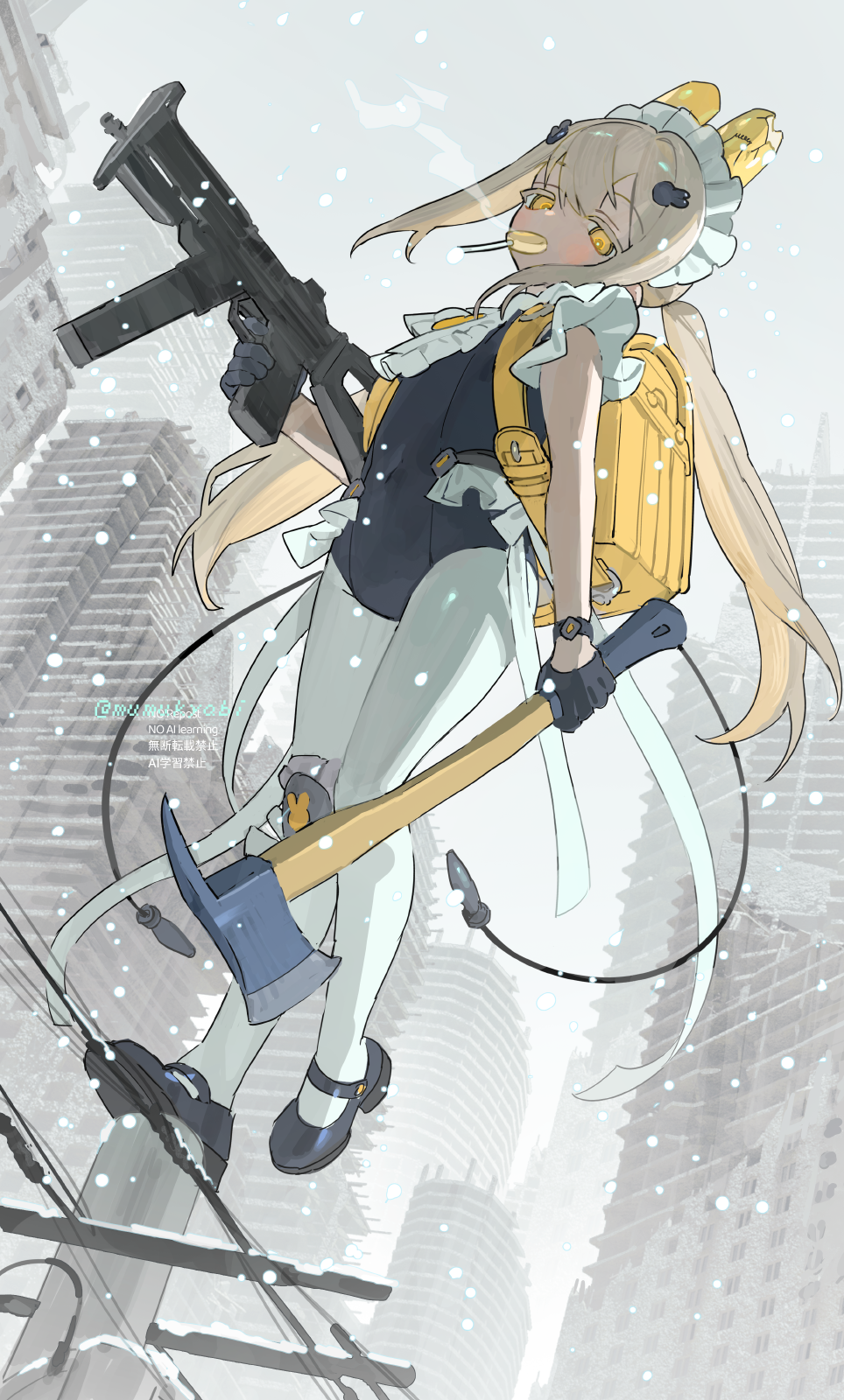 mumukyabi, original, highres, 1girl, animal ears, asymmetrical dual wielding, axe, backpack, bag, black leotard, black shoes, blonde hair, building, candy, city, colored eyelashes, covered navel, dual wielding, fake animal ears, flat chest, food, frills, full body, gloves, gun, h&k ump, hair ornament, holding, holding axe, holding gun, holding weapon, knee pads, leotard, lollipop, long hair, looking at viewer, low twintails, maid headdress, mary janes, mouth hold, on top of pole, outdoors, pantyhose, pole, power lines, rabbit ears, rabbit hair ornament, randoseru, shoes, single knee pad, snow, snowing, solo, standing, submachine gun, twintails, weapon, white pantyhose, yellow bag, yellow eyes