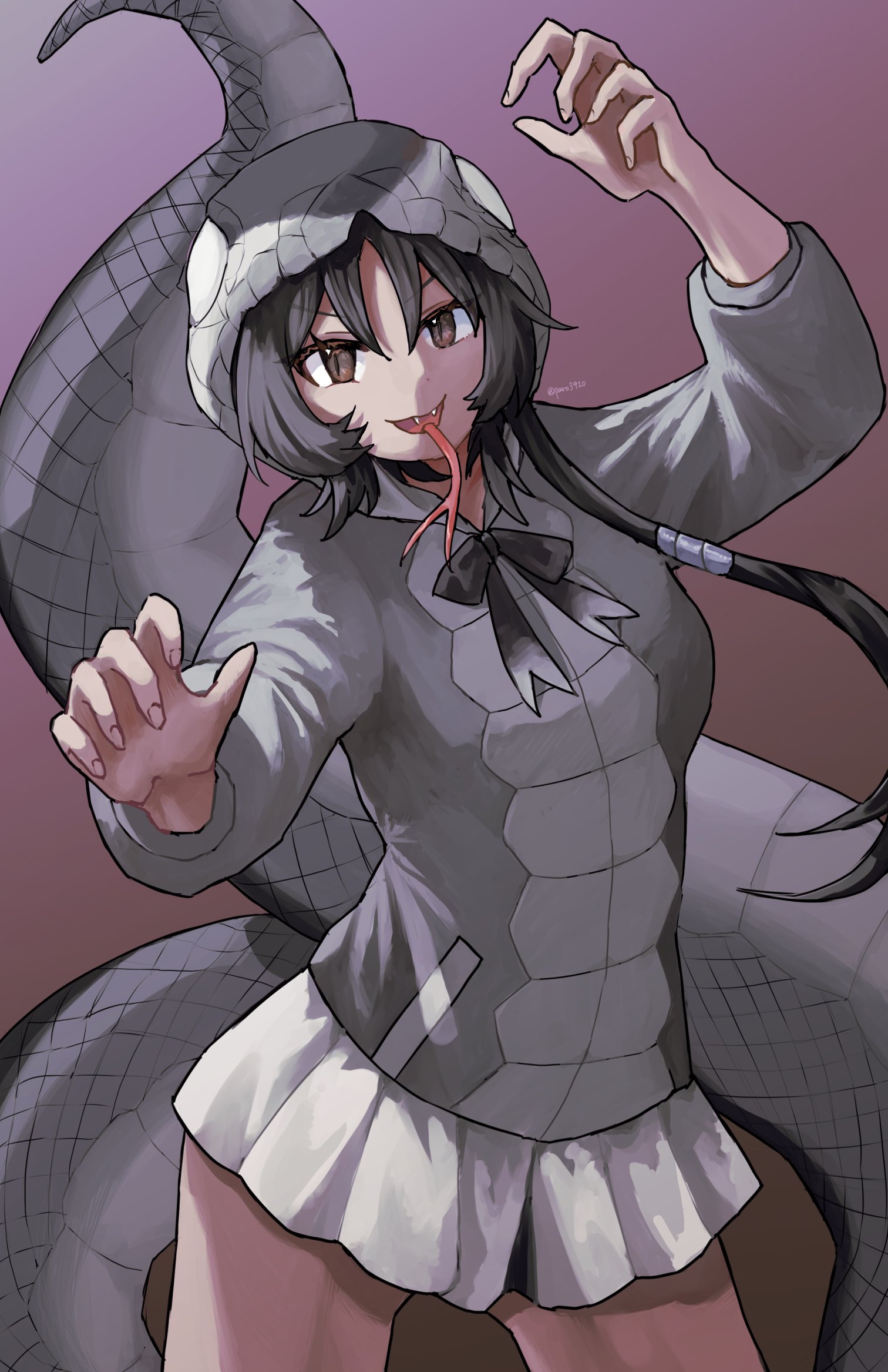 paro3920, black mamba (kemono friends), kemono friends, highres, 1girl, black bow, black bowtie, black hair, blush, bow, bowtie, brown eyes, claw pose, dark-skinned female, dark skin, fangs, forked tongue, grey hoodie, hair between eyes, hood, hood up, hoodie, long hair, long sleeves, looking at viewer, pleated skirt, print hoodie, sidelocks, skirt, slit pupils, snake girl, snake print, snake tail, solo, tail, tongue, white skirt
