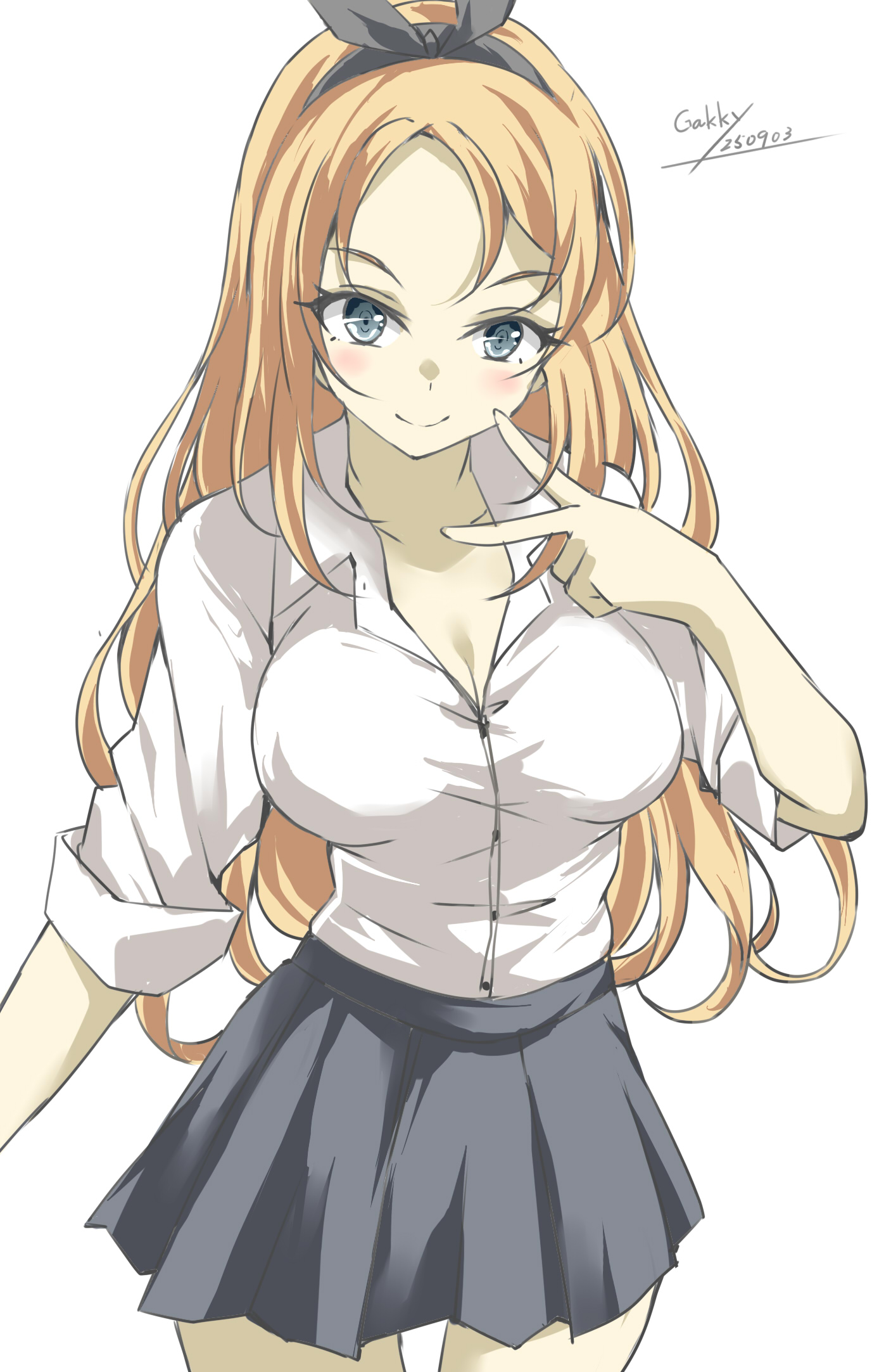 gakky, nelson (kancolle), kantai collection, highres, alternate costume, black hairband, blonde hair, breasts, collared shirt, cowboy shot, dated, dress shirt, green eyes, grey skirt, hairband, large breasts, long hair, one-hour drawing challenge, pleated skirt, shirt, simple background, skirt, twitter username, white background, white shirt