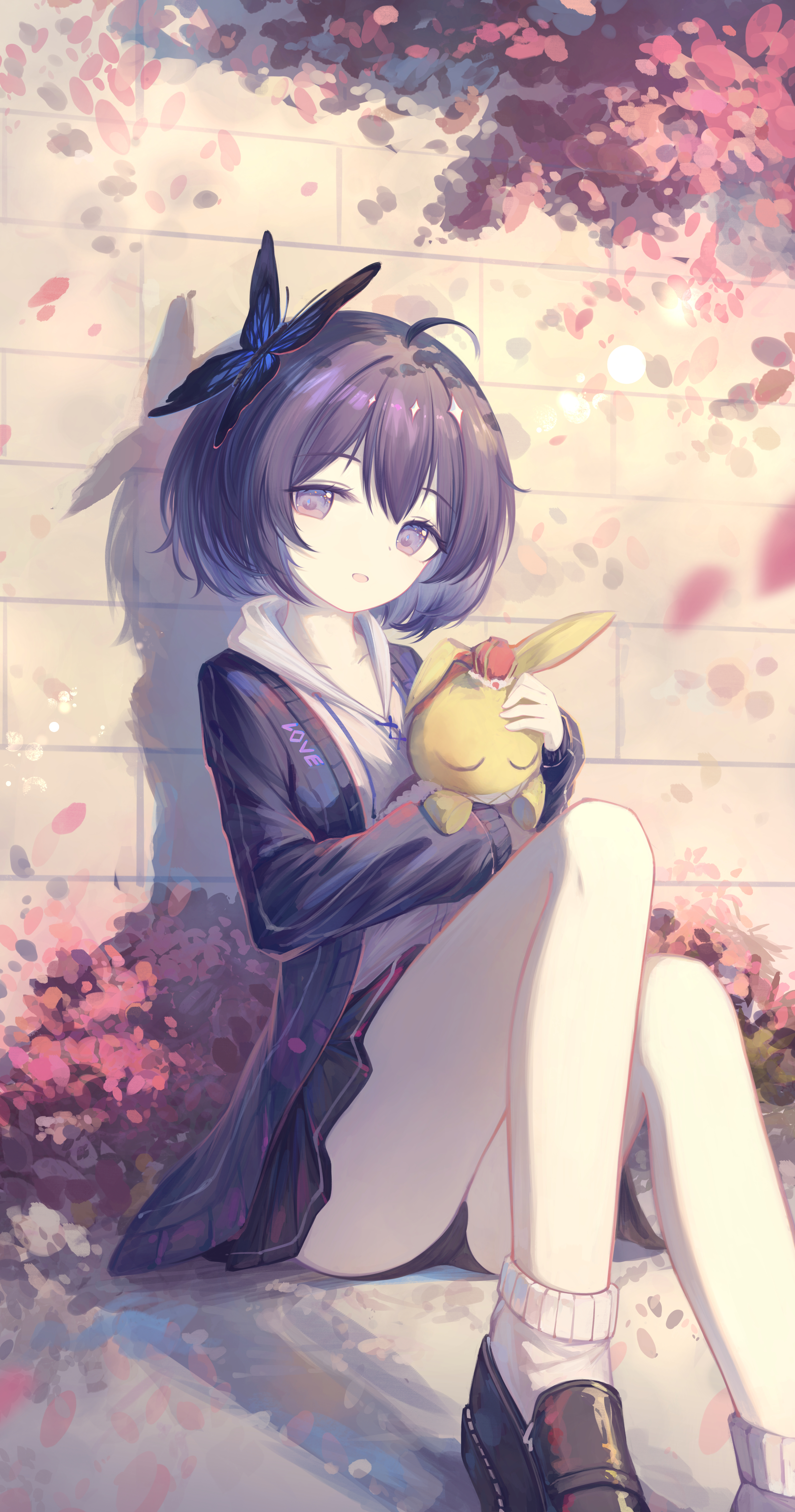 darkworldsss, homu (honkai impact), seele vollerei, honkai (series), honkai impact 3rd, absurdres, highres, 1girl, ahoge, black cardigan, black hair, black panties, black shoes, black skirt, blue eyes, butterfly hair ornament, cardigan, flower, hair ornament, holding, holding stuffed toy, loafers, looking at viewer, miniskirt, outdoors, panties, petals, pleated skirt, shoes, short hair, sitting, skirt, smile, socks, solo, stuffed toy, underwear, white socks