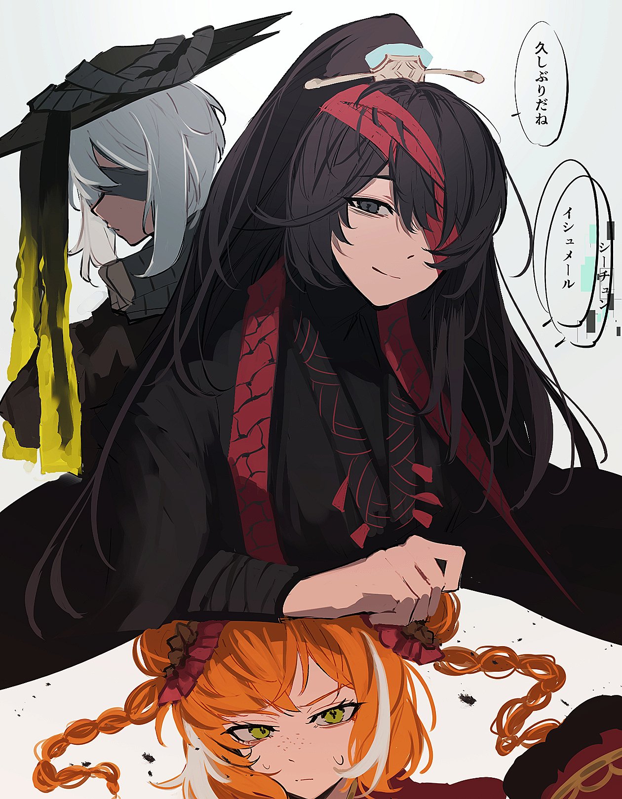 nakame77, faust (project moon), hong lu (project moon), ishmael (project moon), limbus company, project moon, highres, 1boy, 2girls, bandage over one eye, black eyes, black hair, black hanfu, braid, chinese clothes, conical hat, double bun, family hierarch candidate (identity) (project moon), grey scarf, hair bun, hanfu, heishou pack-mao branch (identity) (project moon), high ponytail, long hair, looking at viewer, multiple girls, orange hair, ponytail, red shrug, scarf, short hair, simple background, stole, twin braids, upper body, white background, white hair, white streaks